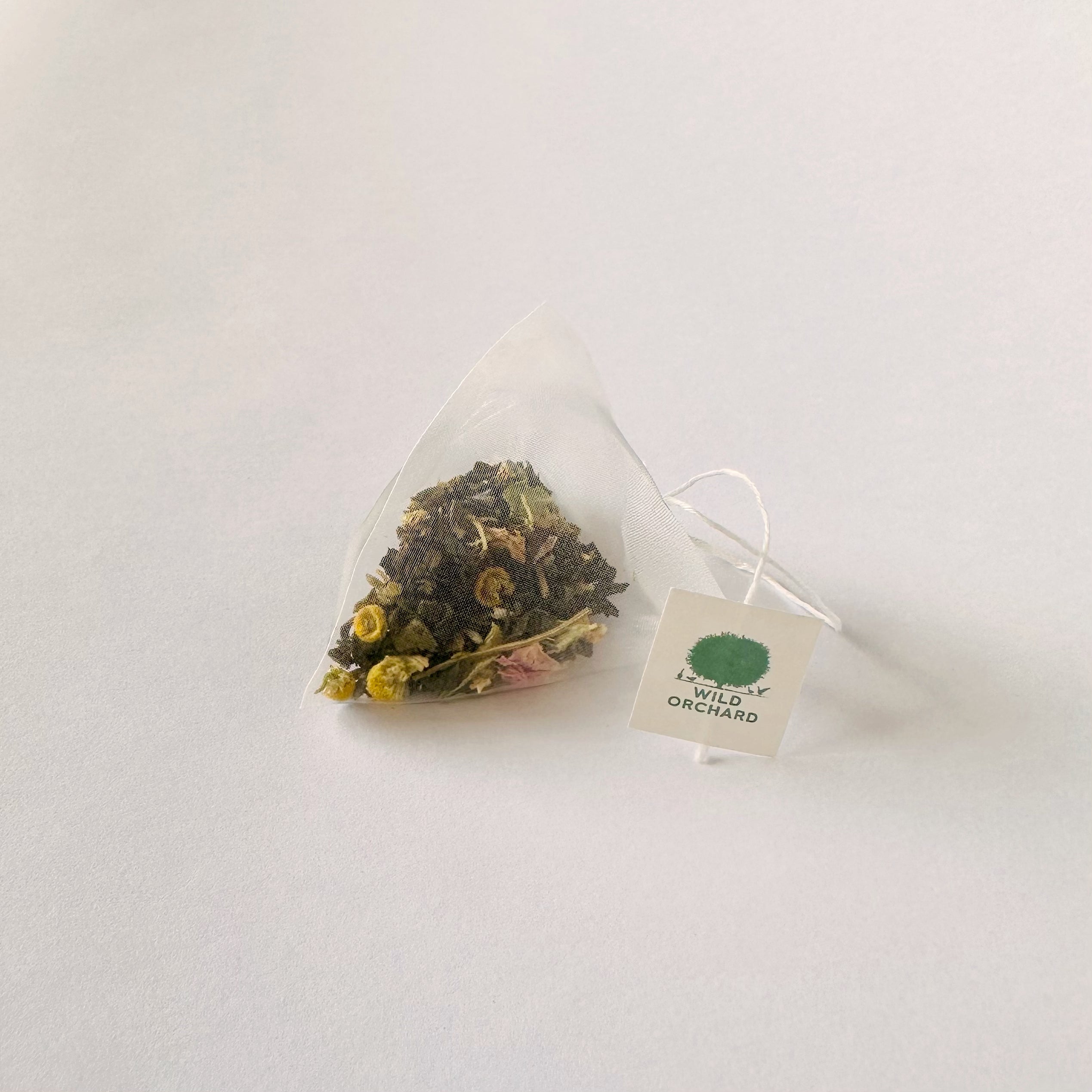 Organic green tea bag from Wild Orchard's Sunday Brunch collection, shown in a clear, sealed tea bag ready for brewing.