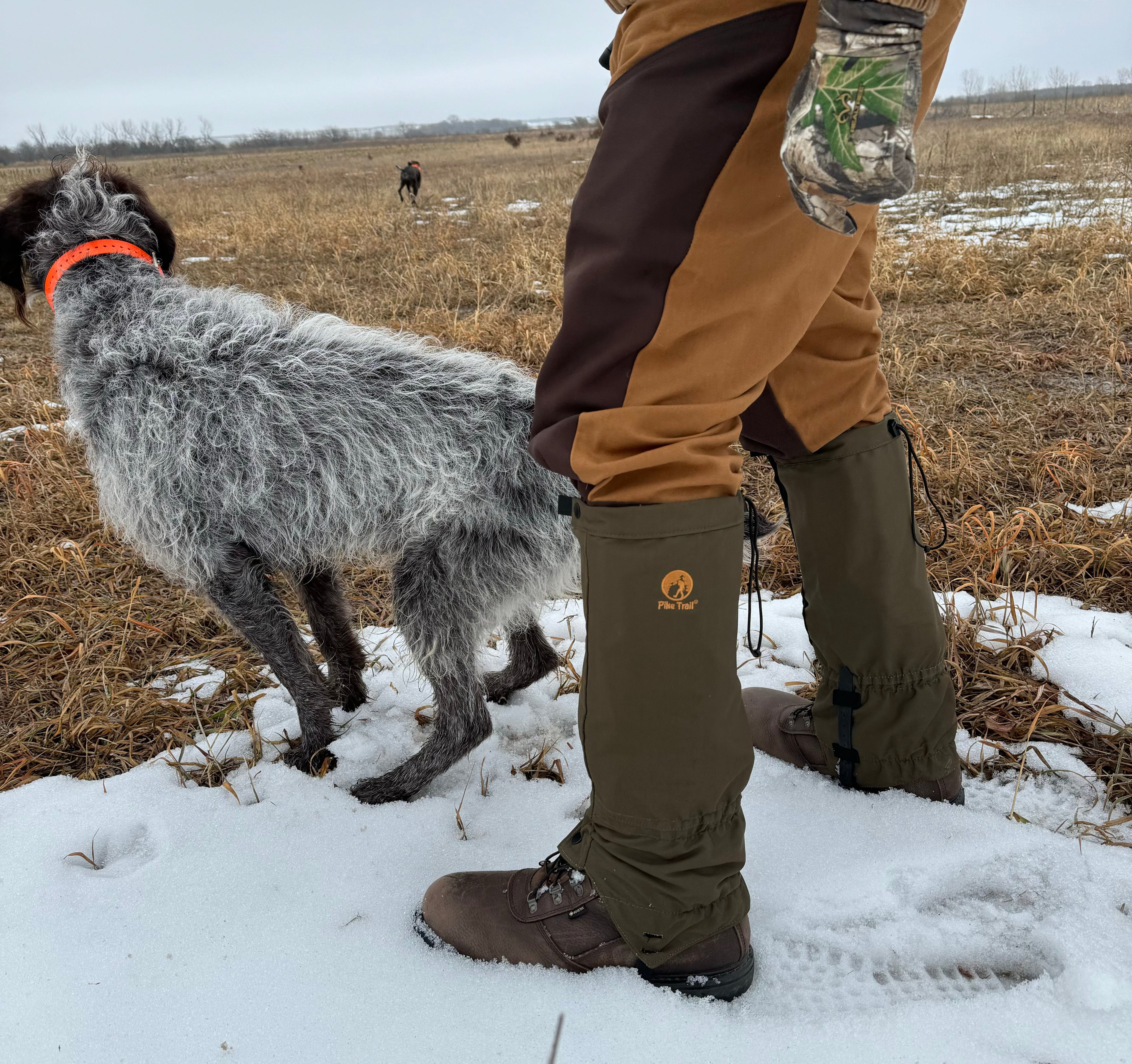 Pike Trail hiking leg gaiters shown on a trail, made of durable waterproof material, designed to protect against debris and water.