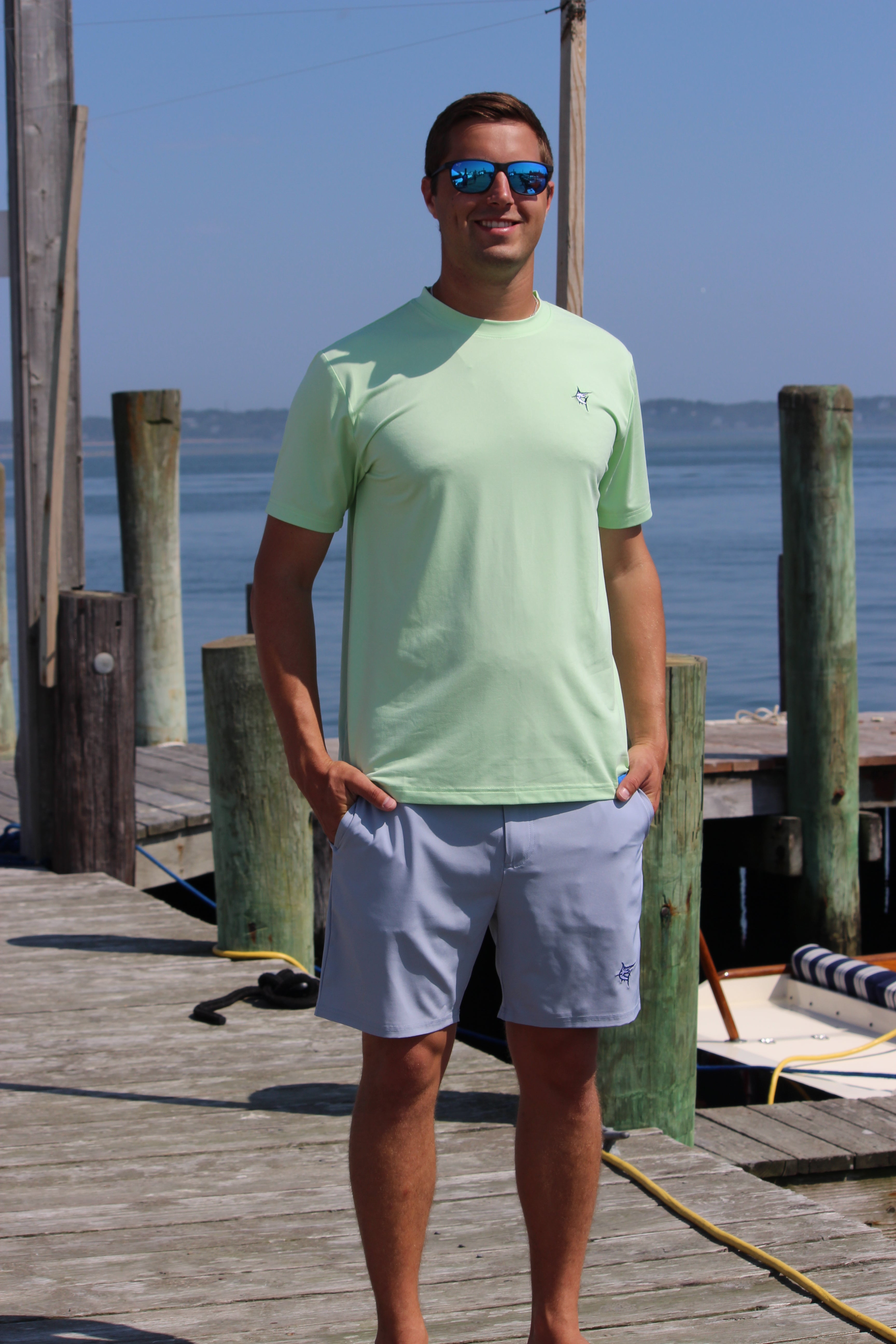 White Water Life Dockside Performance Tee, short sleeve shirt with logo, casual maritime-inspired clothing, front view.