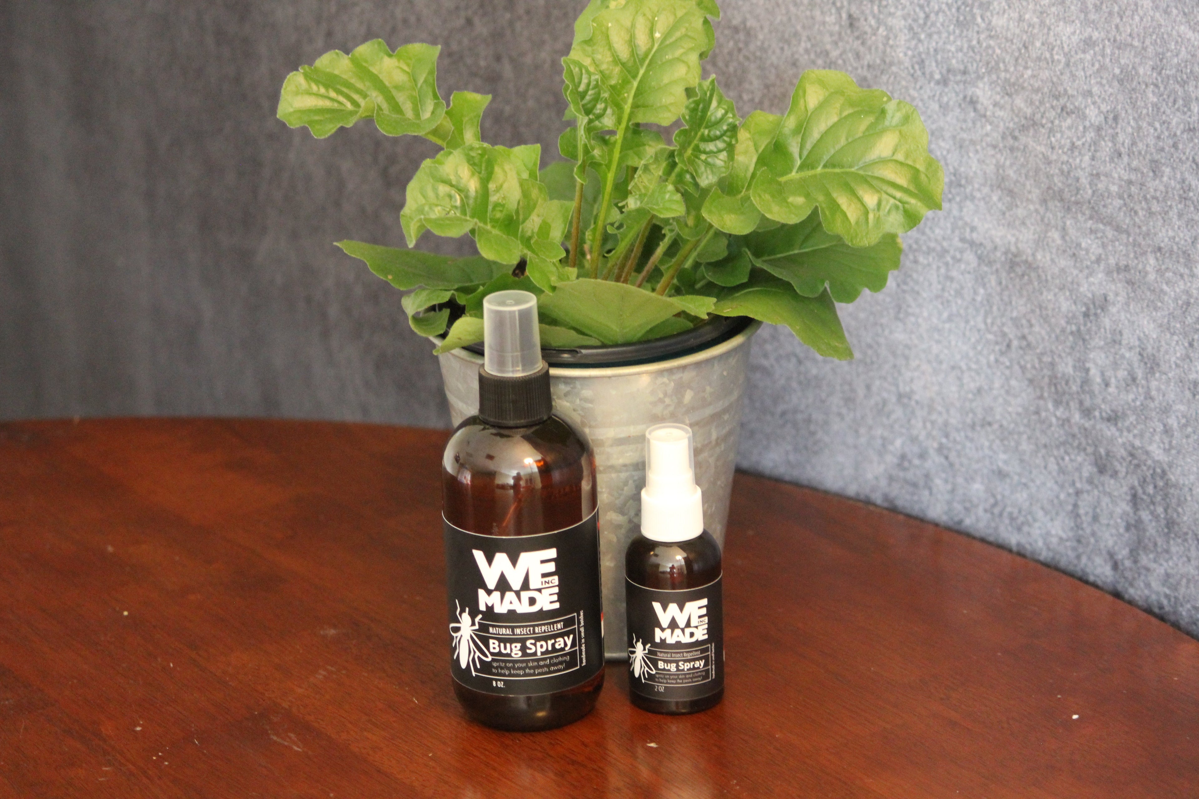 WE Made 2 oz. bottle of bug spray with a spray nozzle, featuring a clear label and compact design for outdoor protection.