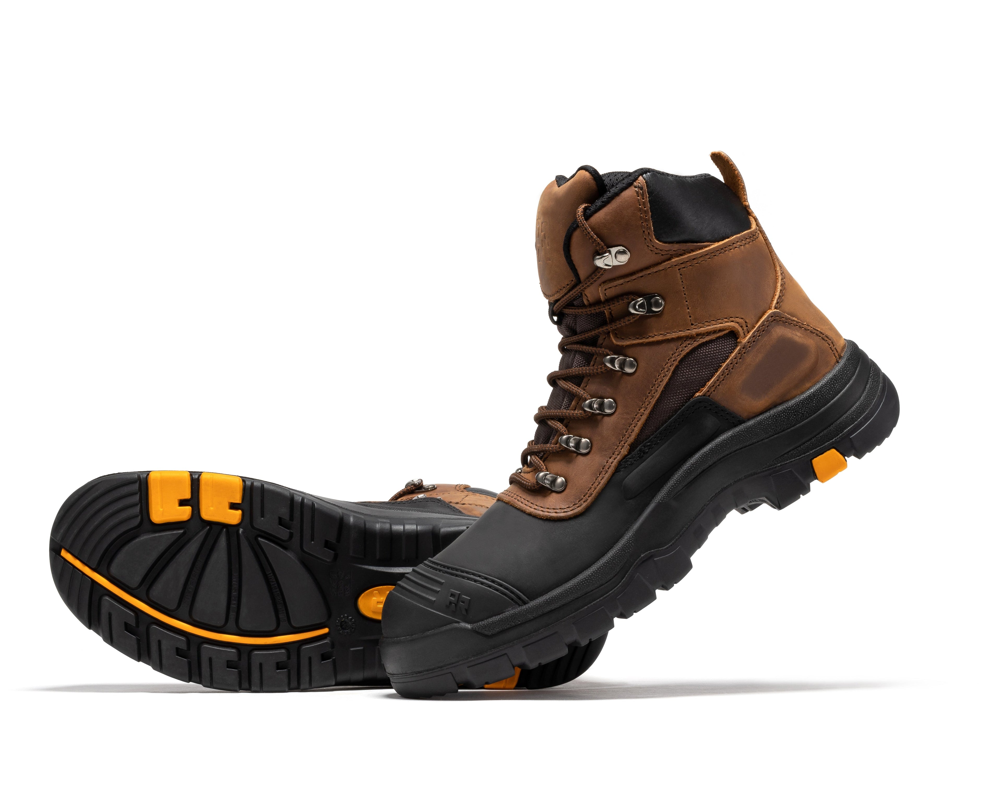 Rock Rooster Sedona waterproof steel toe leather work boots, 6-inch height, durable construction, shown in black with rugged sole.