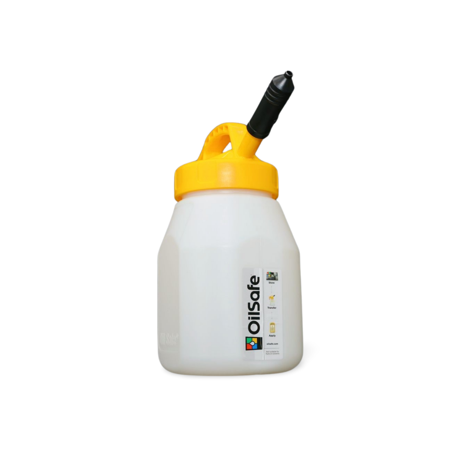 OilSafe Stretch Spout controlled-flow oil transfer lid on DRIVEN Racing Shop transfer container for precise oil pouring.