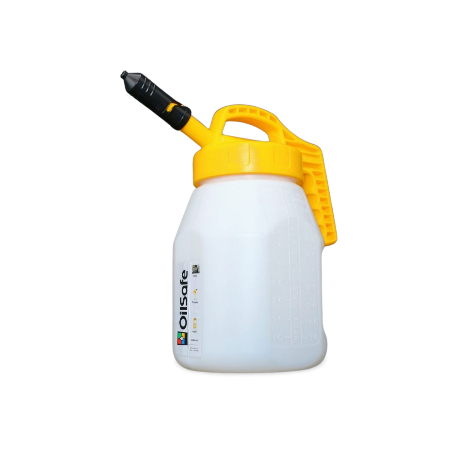 OilSafe Stretch Spout transfer container lid by DRIVEN Racing Shop for controlled-flow oil transfer.