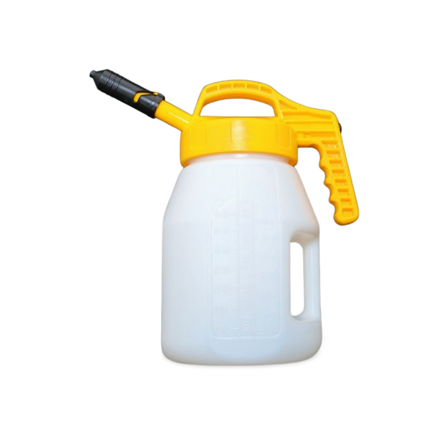 OilSafe Stretch Spout controlled-flow oil transfer lid on DRIVEN Racing Shop transfer container, designed for precise oil pouring.