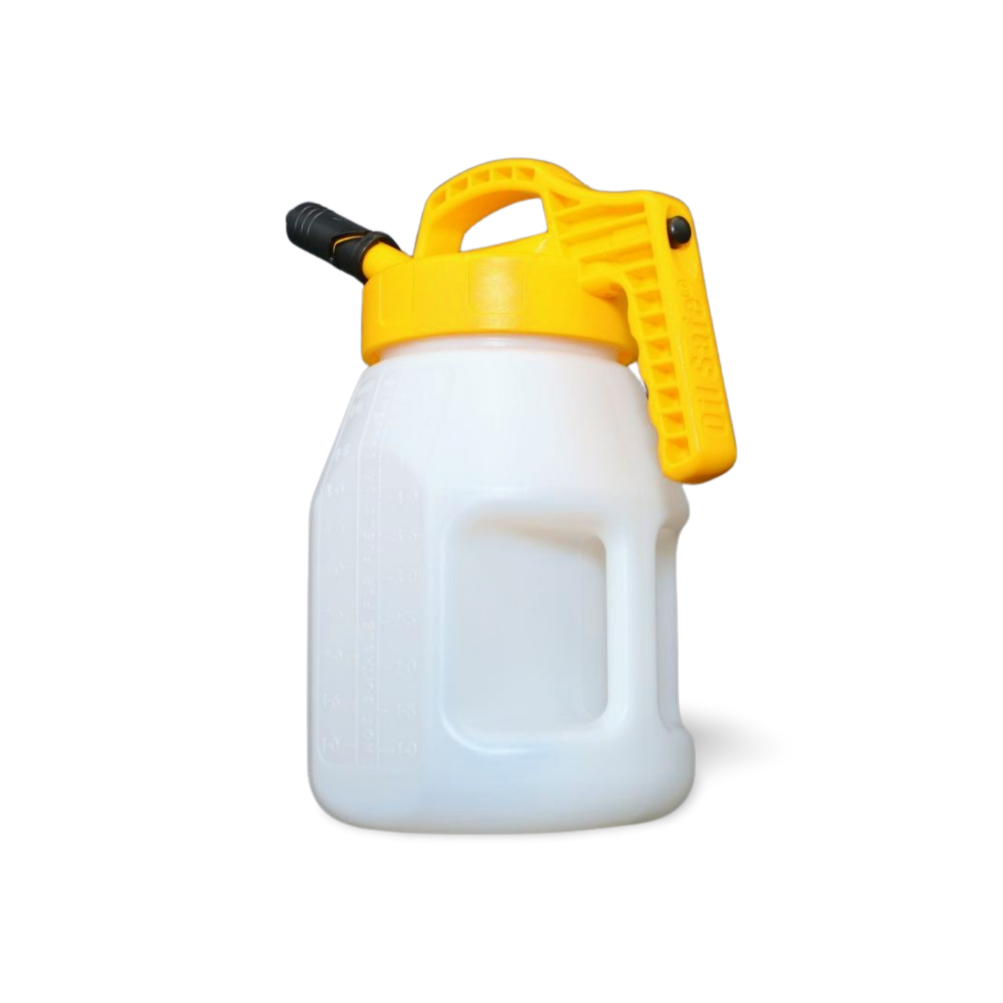 OilSafe Stretch Spout controlled-flow oil transfer lid on DRIVEN Racing Shop transfer container for precise oil pouring and transfer.