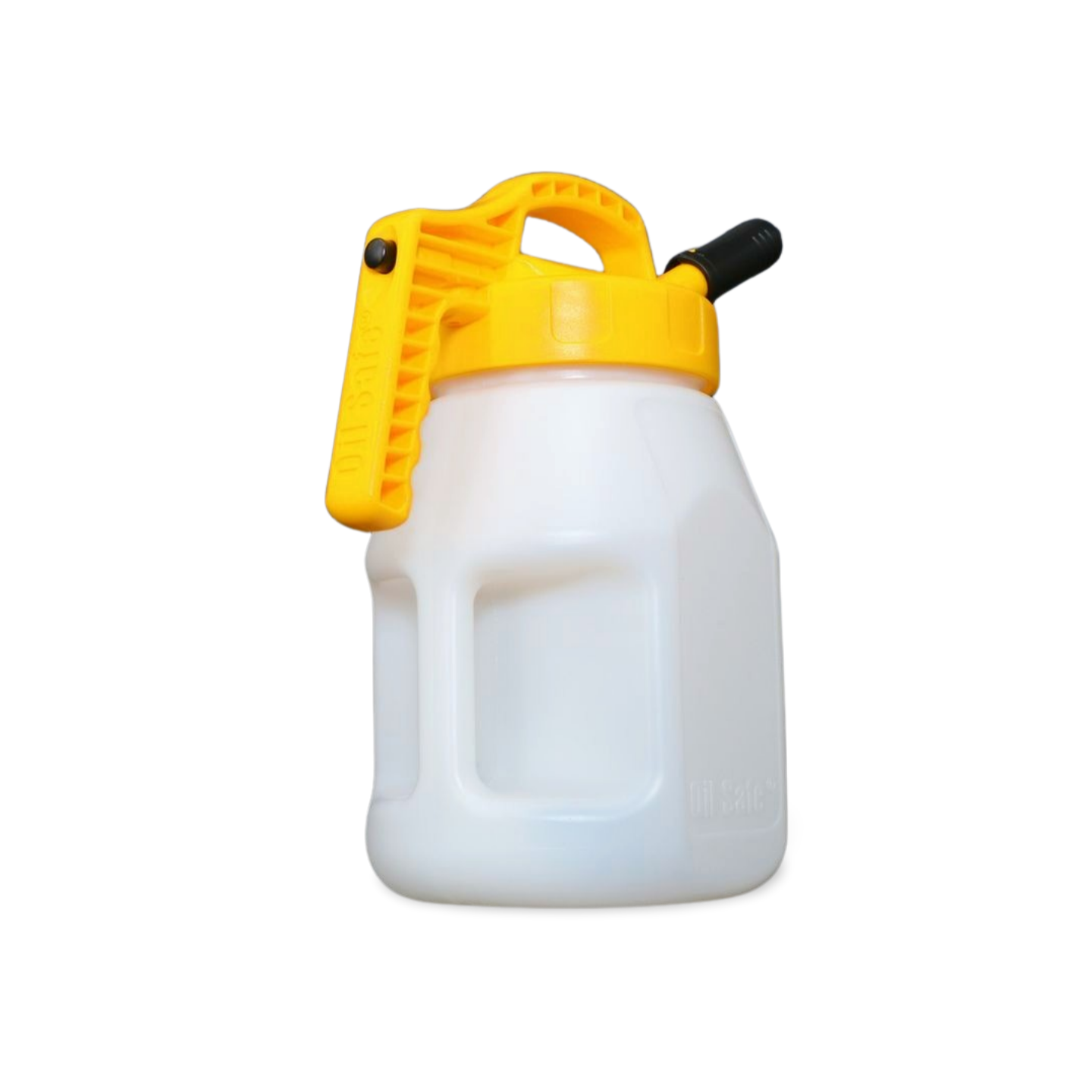 OilSafe Stretch Spout controlled-flow oil transfer lid on a DRIVEN Racing Shop transfer container, designed for precise oil pouring.