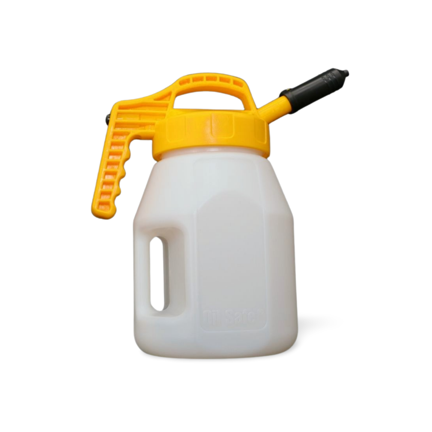 OilSafe Stretch Spout controlled-flow oil transfer lid on DRIVEN Racing Shop transfer container for precise oil pouring.