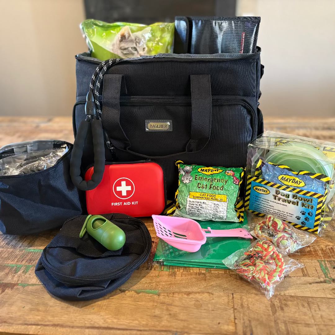 Entropy Survival Safe Pet Kit for disaster preparedness, featuring emergency supplies for pets in a compact, organized package.