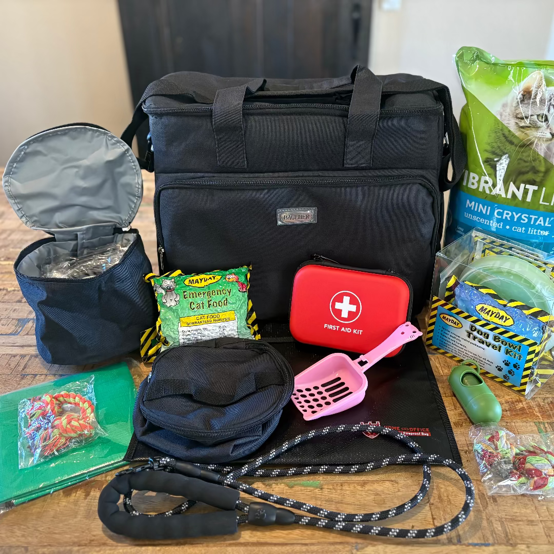 Entropy Survival Safe Pet Emergency Preparedness Kit with pet supplies and safety gear for disaster situations.