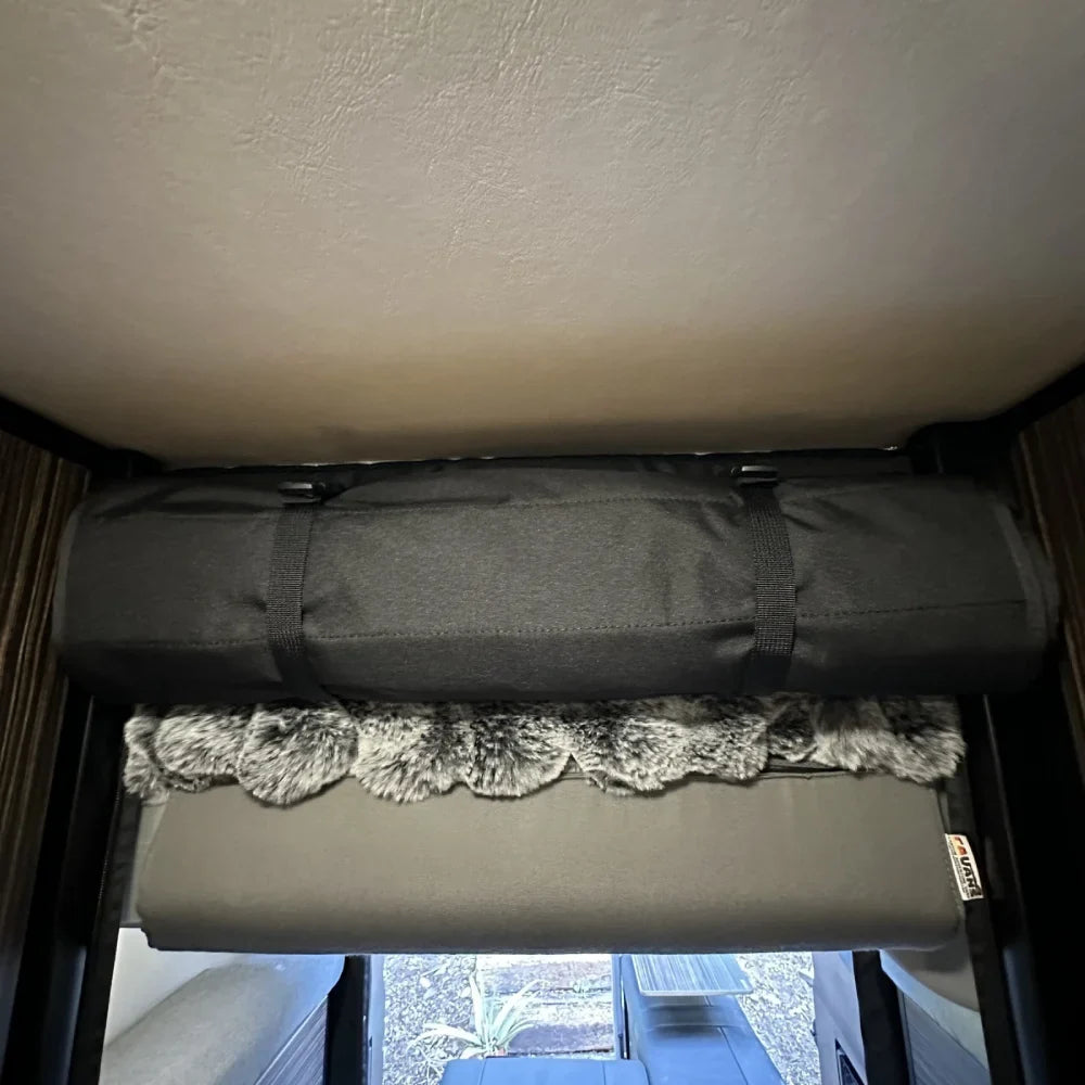 Canyon Adventure Vans CAV Head Bumper Bed for 2019+ REVEL camper van, shown in use with mounting details and bedding.