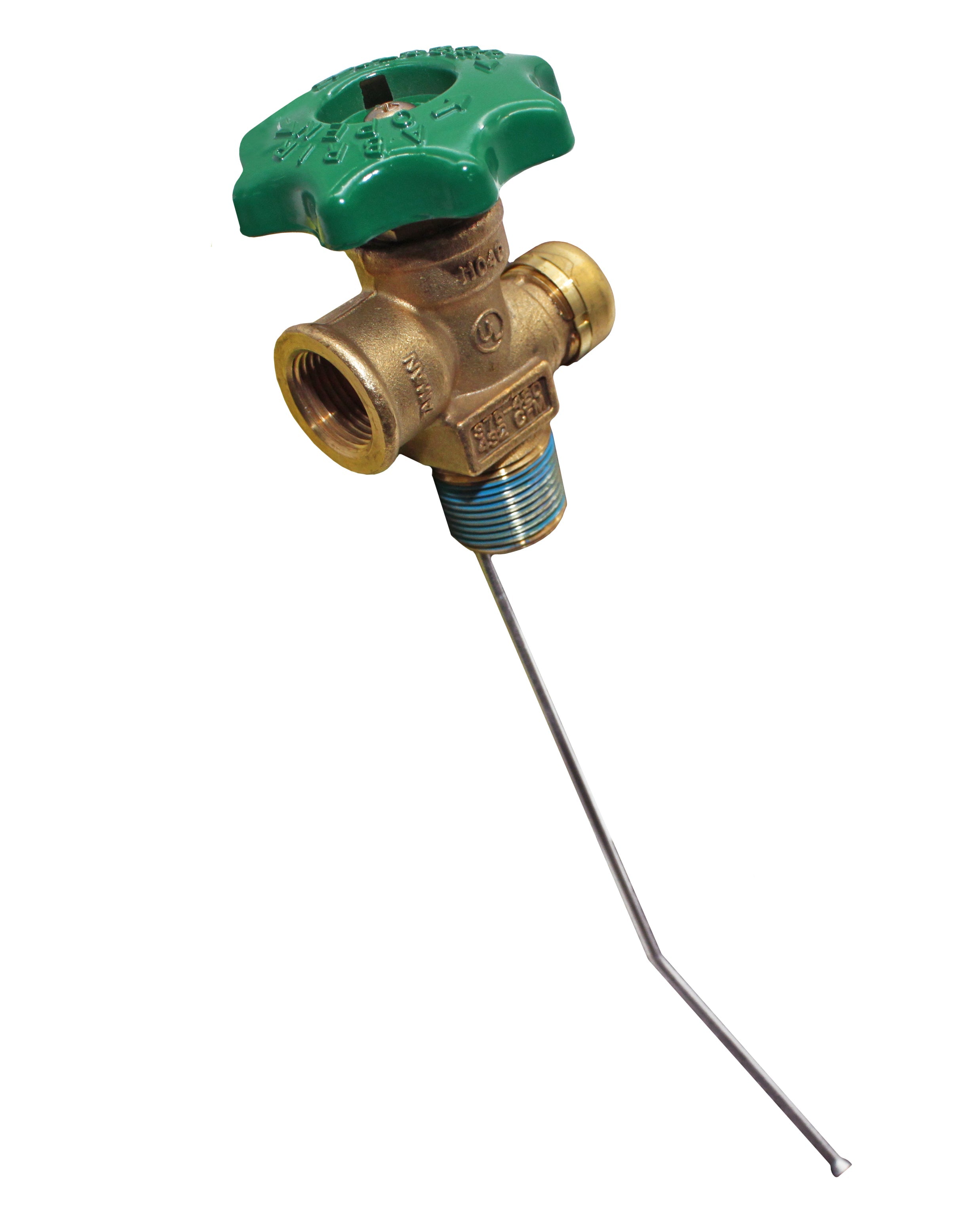 Flame King 100lb POL valve for hog or horizontal propane cylinder, showcasing the durable design and connection features.