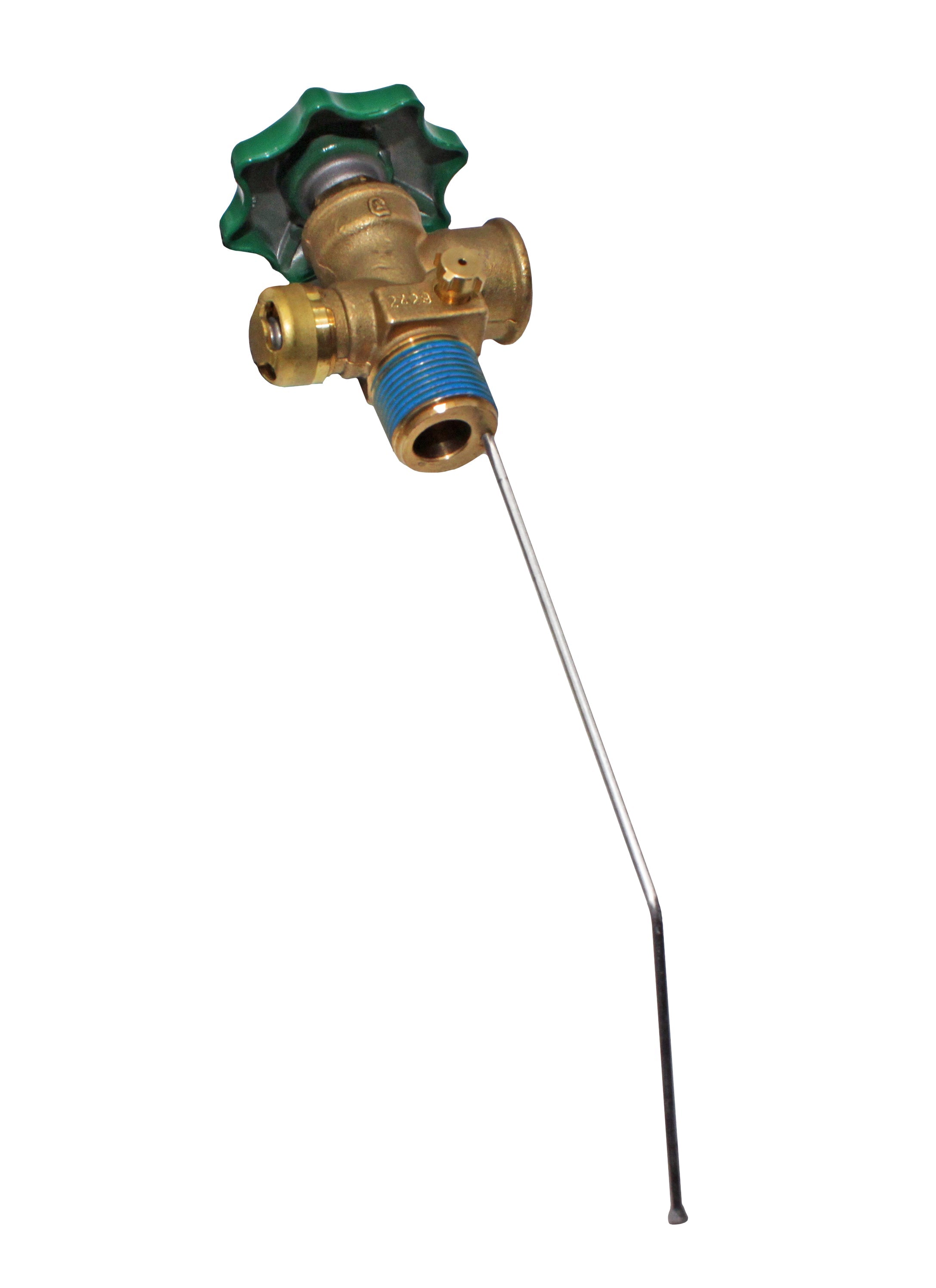 Flame King 100lb POL valve for hog or horizontal propane cylinder, showcasing durable design and connection features.