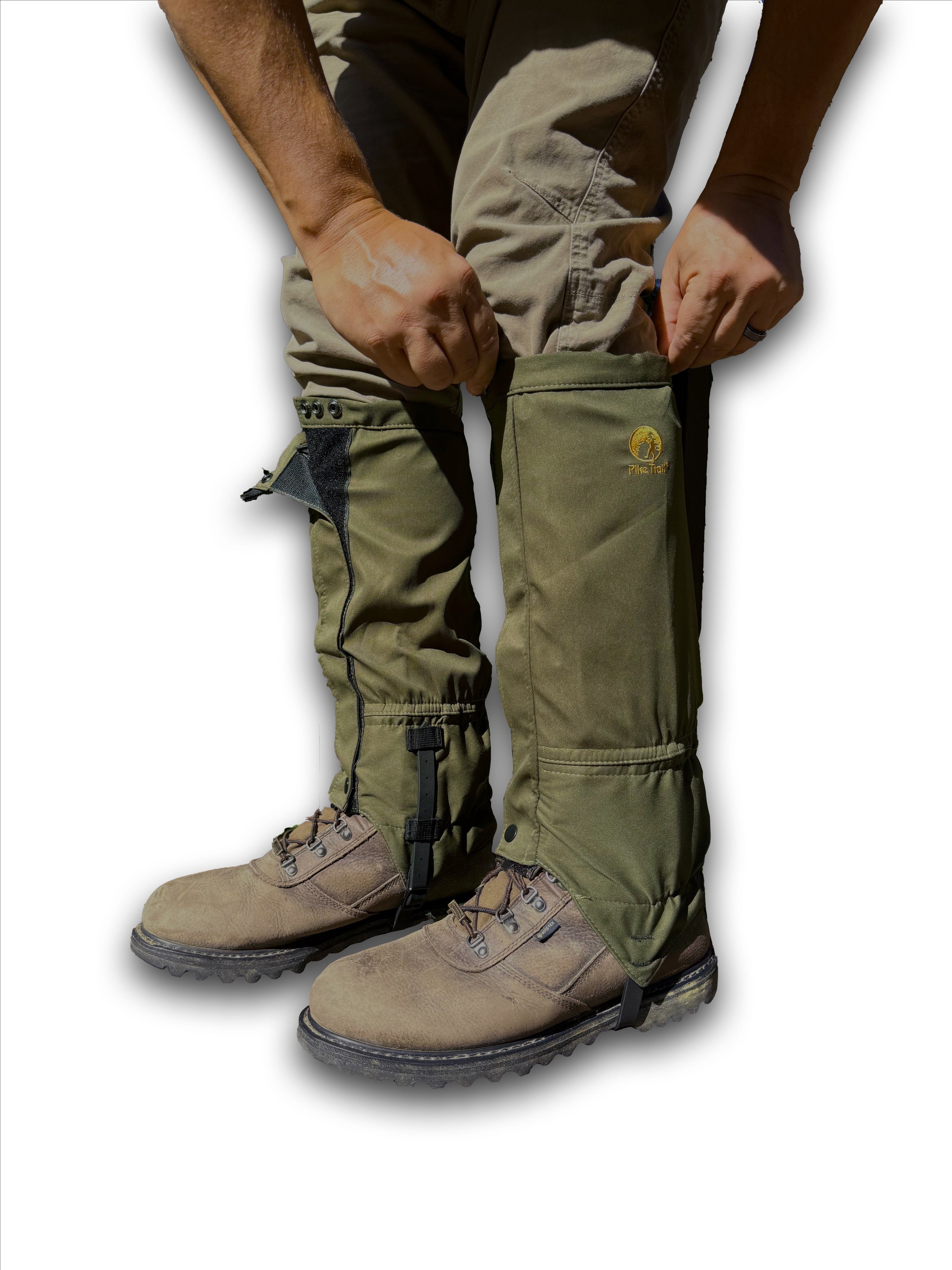Pike Trail hiking leg gaiters shown in black, made of durable material with adjustable straps for outdoor trekking and trail protection.