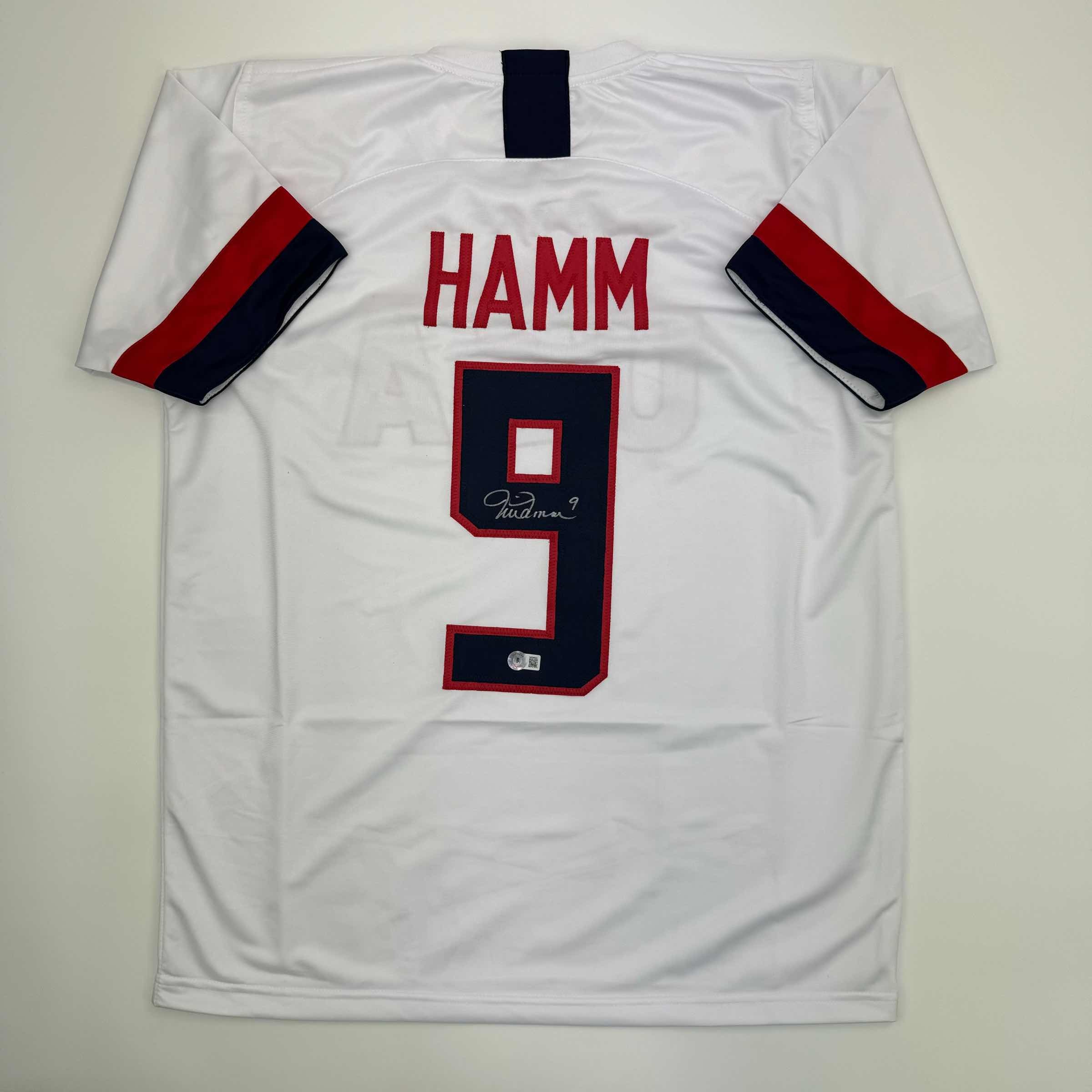 Autographed/Signed Mia Hamm White Soccer Team USA United States World Cup Jersey Beckett BAS COA - OVERLANDERS Outfitter