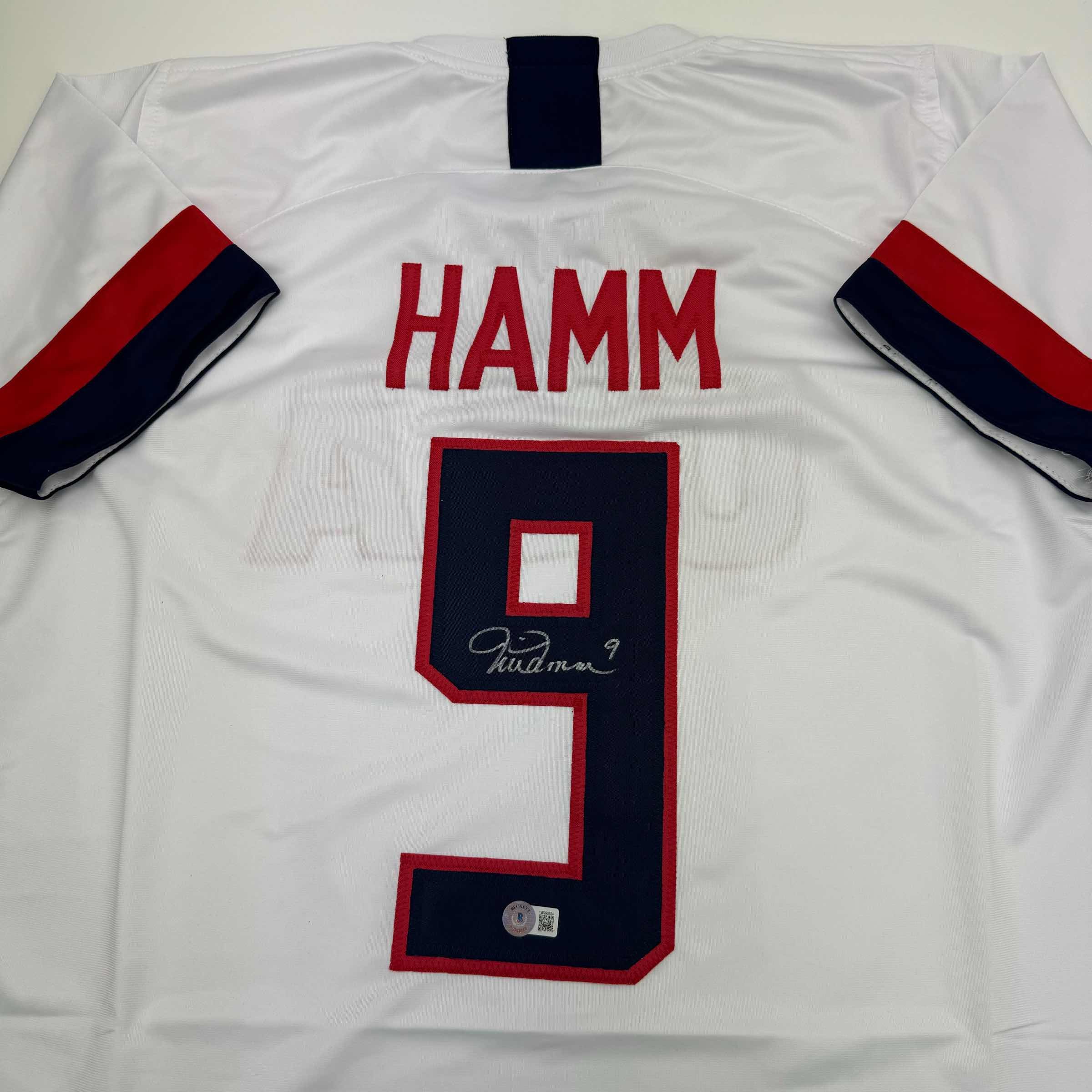 Autographed/Signed Mia Hamm White Soccer Team USA United States World Cup Jersey Beckett BAS COA - OVERLANDERS Outfitter