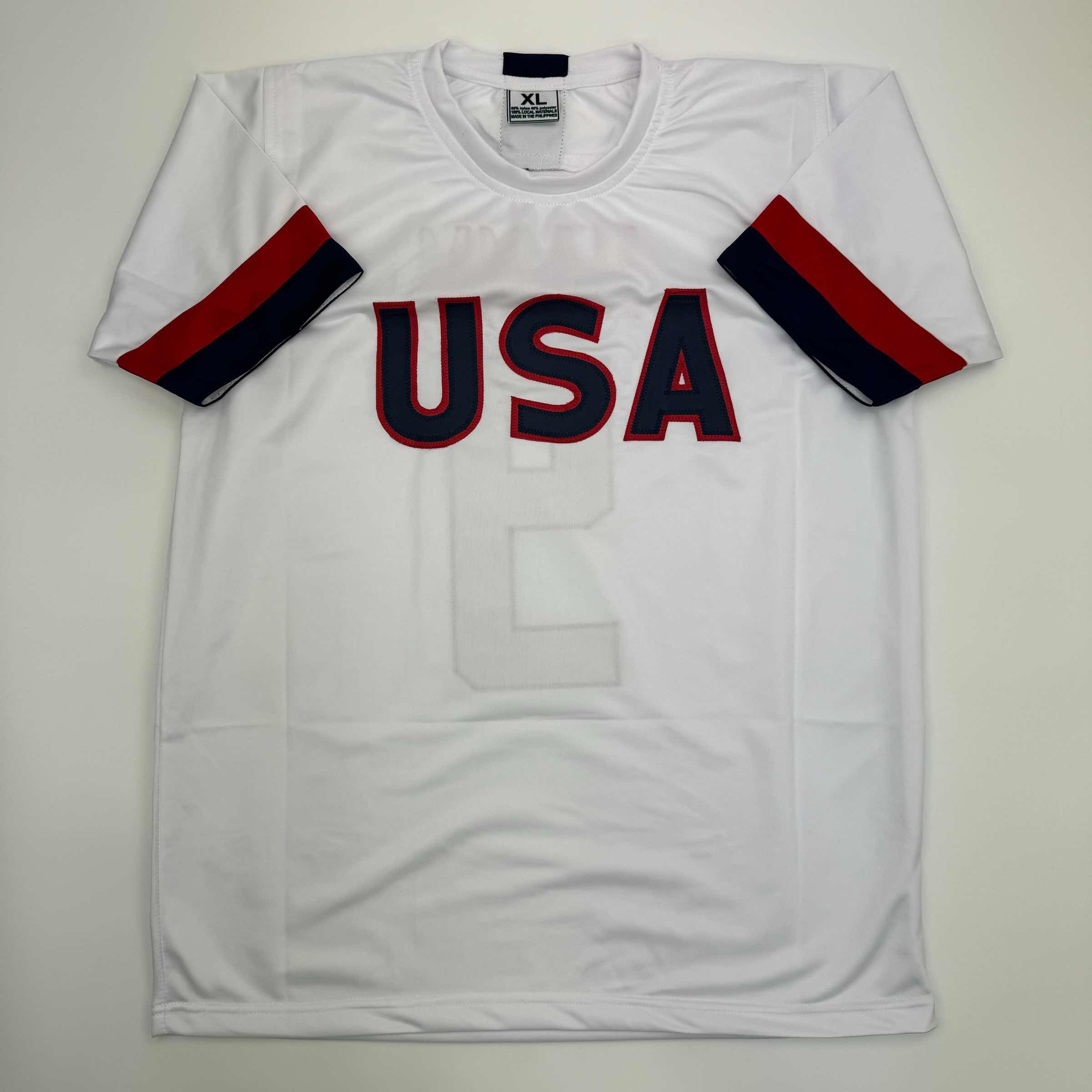Autographed/Signed Mia Hamm White Soccer Team USA United States World Cup Jersey Beckett BAS COA - OVERLANDERS Outfitter