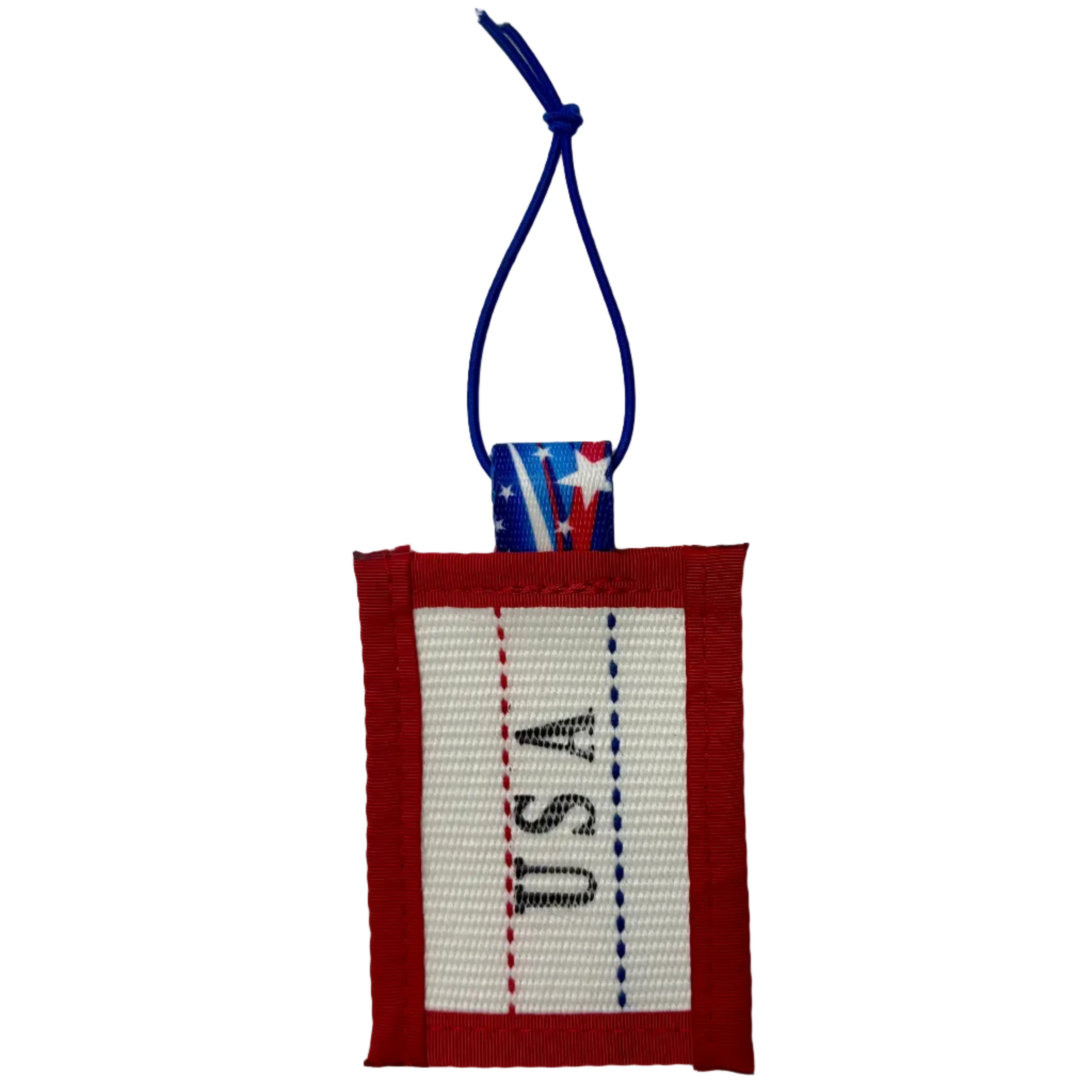 Recycled Firefighter Firehose Luggage Tag with adjustable strap, featuring rugged firehose design and bright red color.