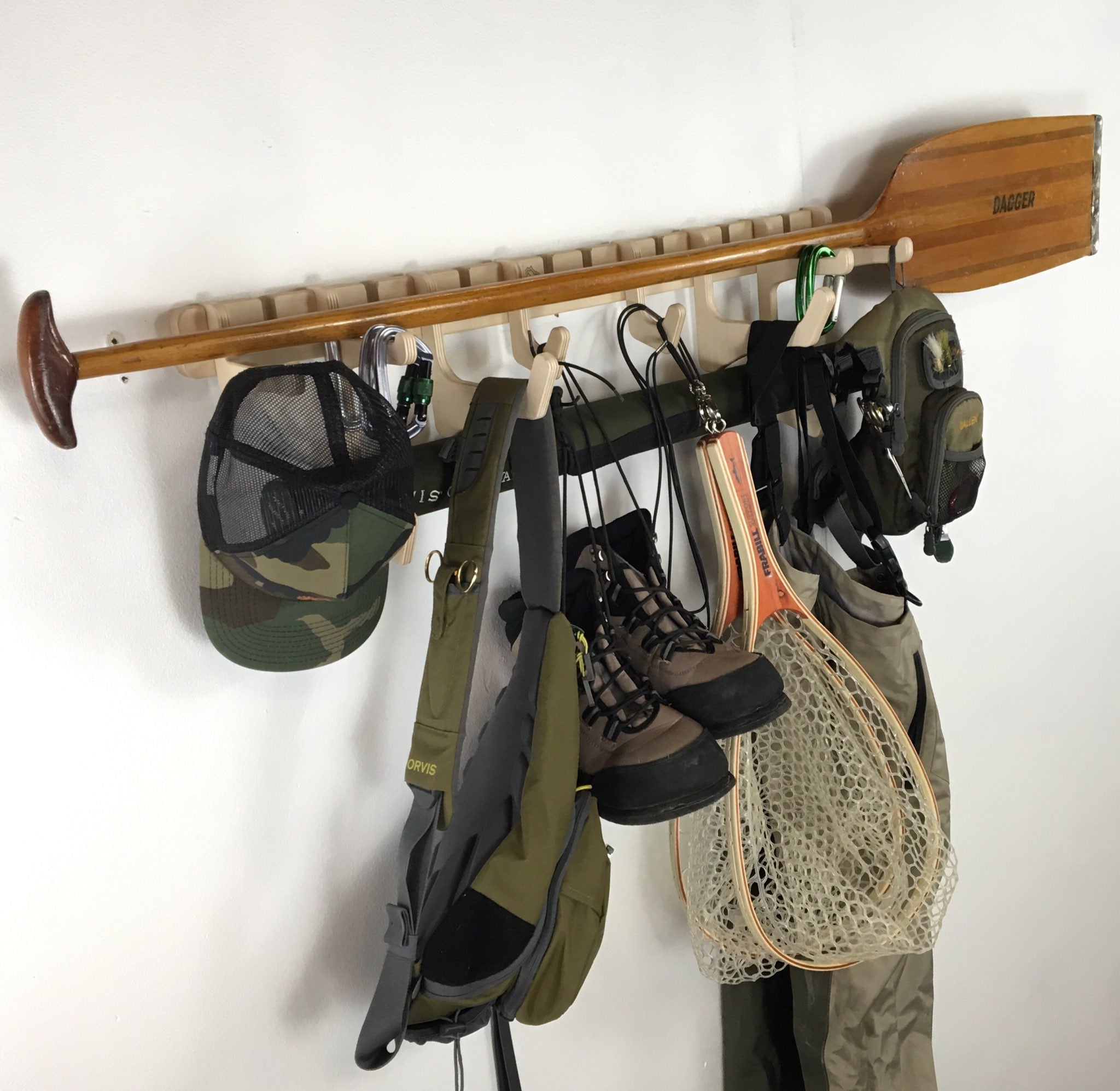 Rado Racks The Jetty fishing gear rack with multiple hooks for organizing fishing equipment and accessories.