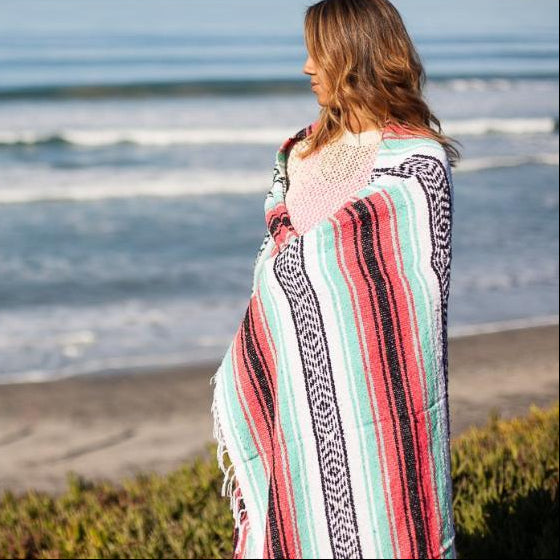 Seafoam Green & Coral Mexican Falsa Blanket - OVERLANDERS Outfitter