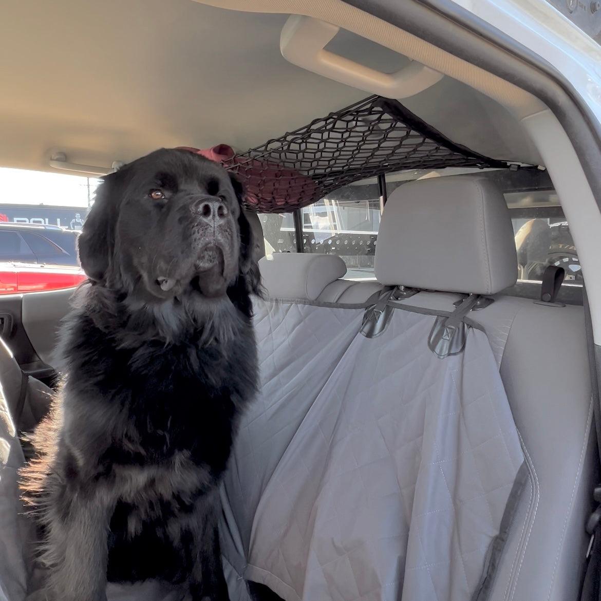 Toyota Tacoma attic storage net by Flatirons Overland, shown installed in the vehicle's attic for organizing cargo space.