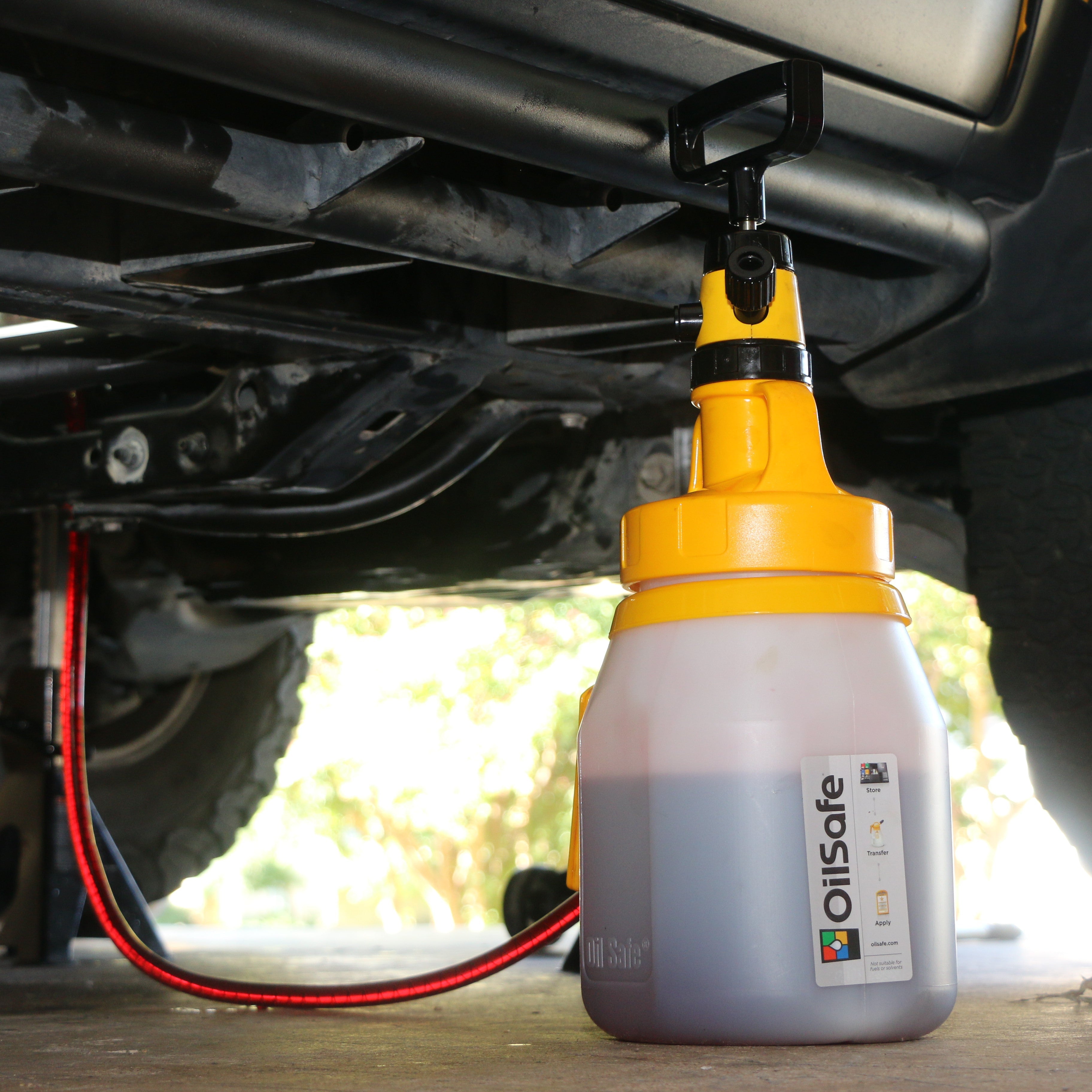 OilSafe Stumpy Spout transfer container by Driven Racing Shop, high flow fluid transfer container with a durable spout for efficient oil handling.