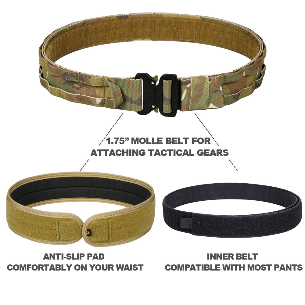MUCITUP Tactical Belt in Multicam with 2 inner belts, 1.75" width, features anti-slip design for secure fit.