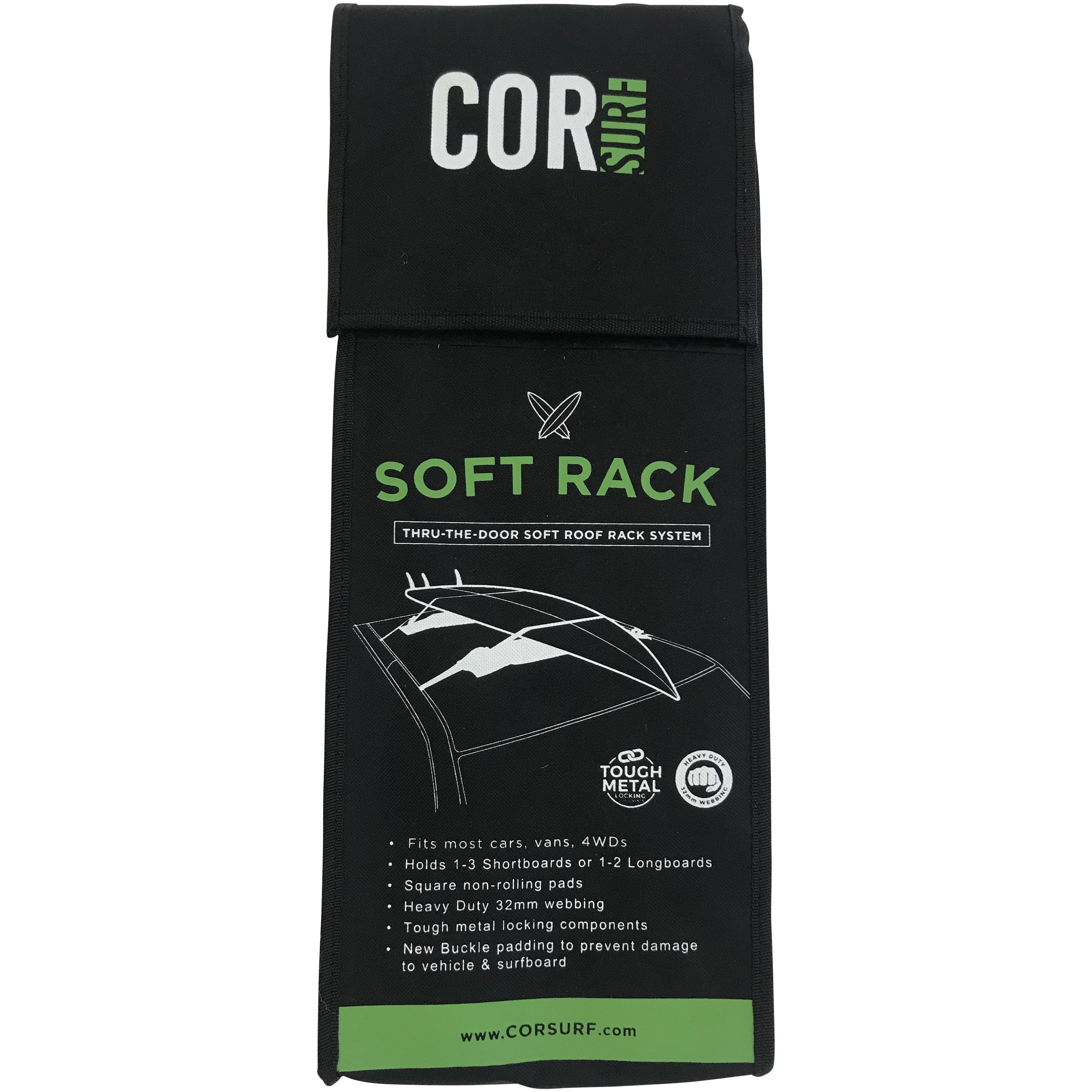 COR Surf soft car roof racks for surfboards, SUPs, canoes, and kayaks, shown mounted on vehicle for universal fit transport.