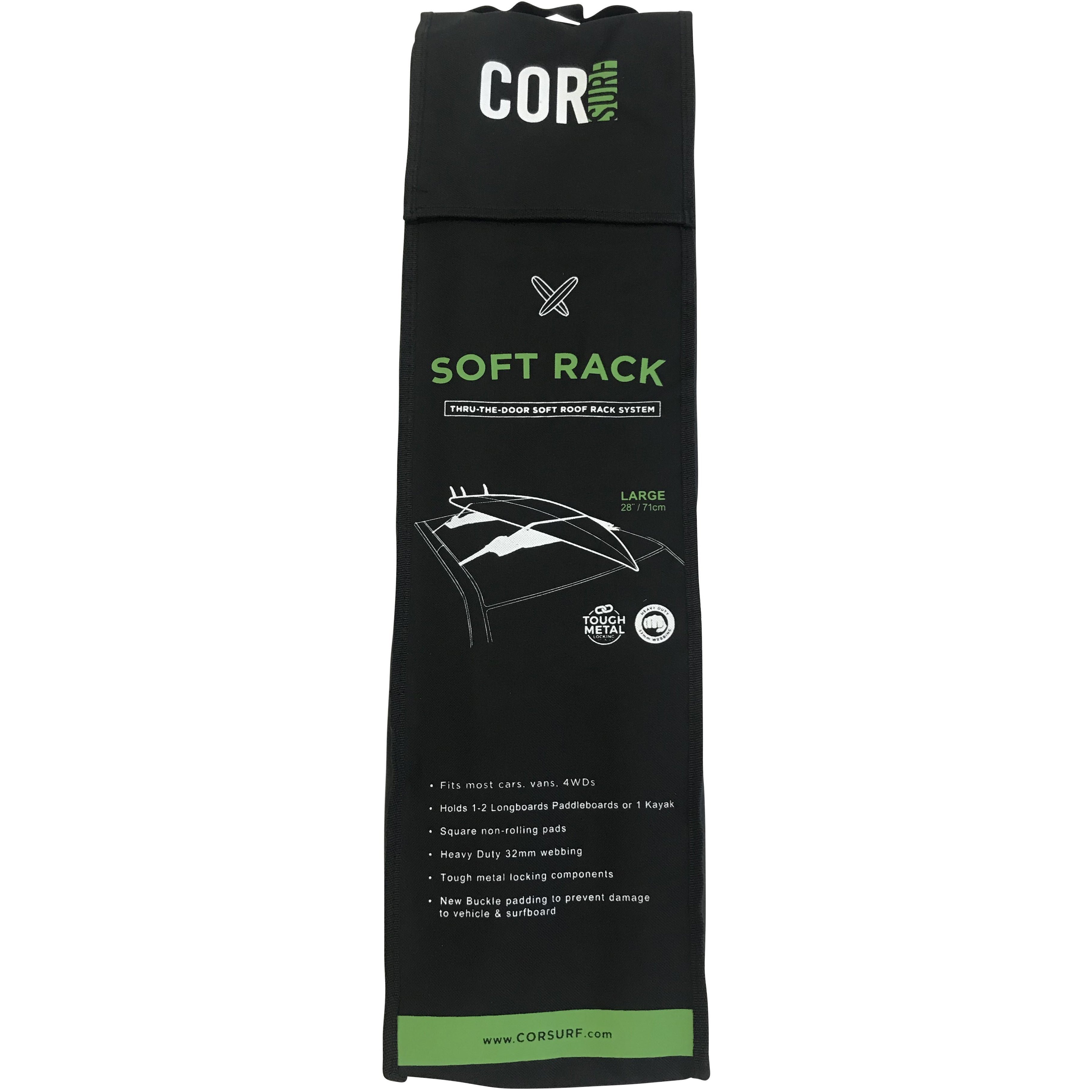 COR Surf universal soft car roof rack for surfboards, SUPs, canoes, and kayaks, shown mounted on a vehicle for outdoor water sports.
