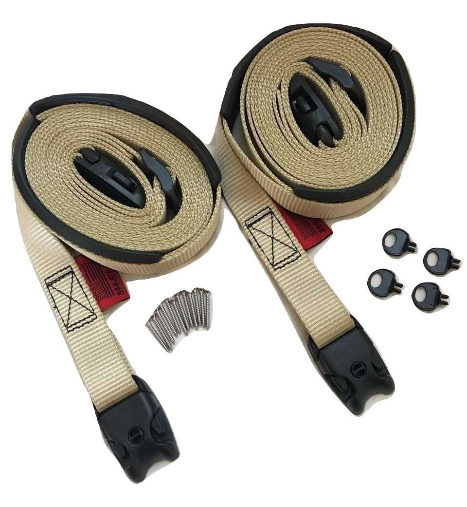 10 ft tan spa cover with adjustable wind straps and buckles, featuring ratchet straps for secure hot tub cover attachment.