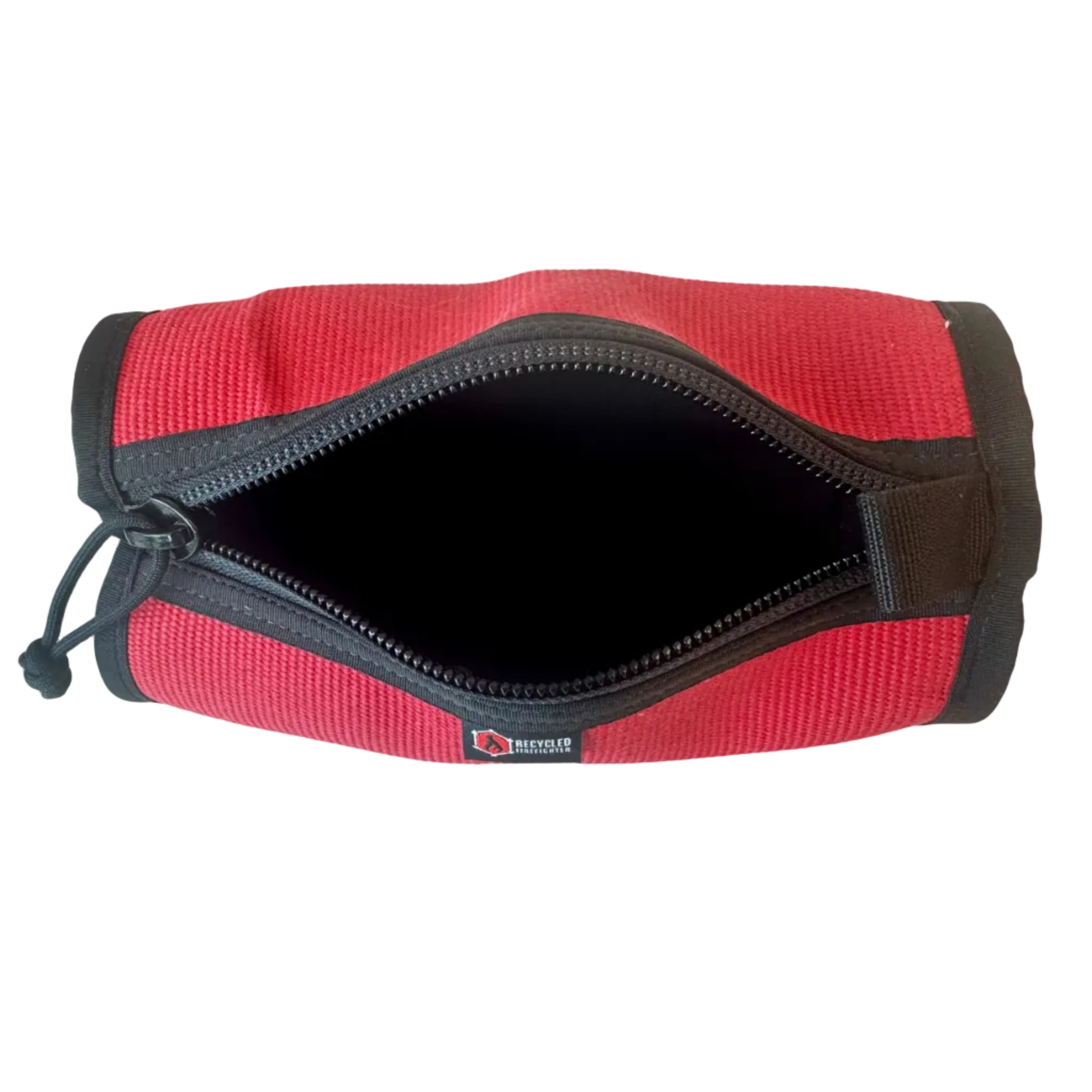 Recycled Firefighter Fire Hose Dopp Kit with black zipper and handle, compact travel toiletry bag for men.