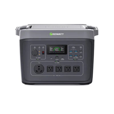 Growatt INFINITY 2000 PRO portable power station with digital display, showing 2048Wh capacity and 2400W output.