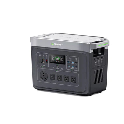 Growatt INFINITY 2000 PRO portable power station with 2048Wh capacity, digital display, and multiple output ports.