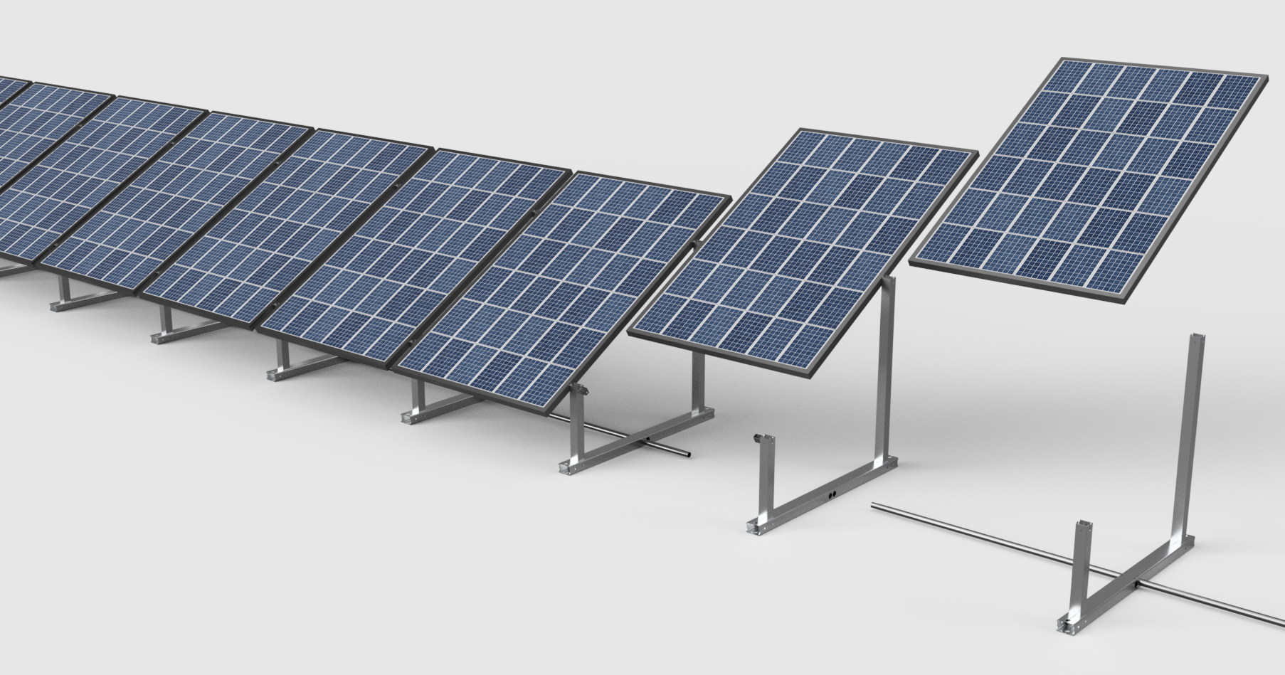 IntegraRack IR-30 solar panel ground mount system component with 30-degree angle, made of aircraft-grade aluminum, on an off-white background.