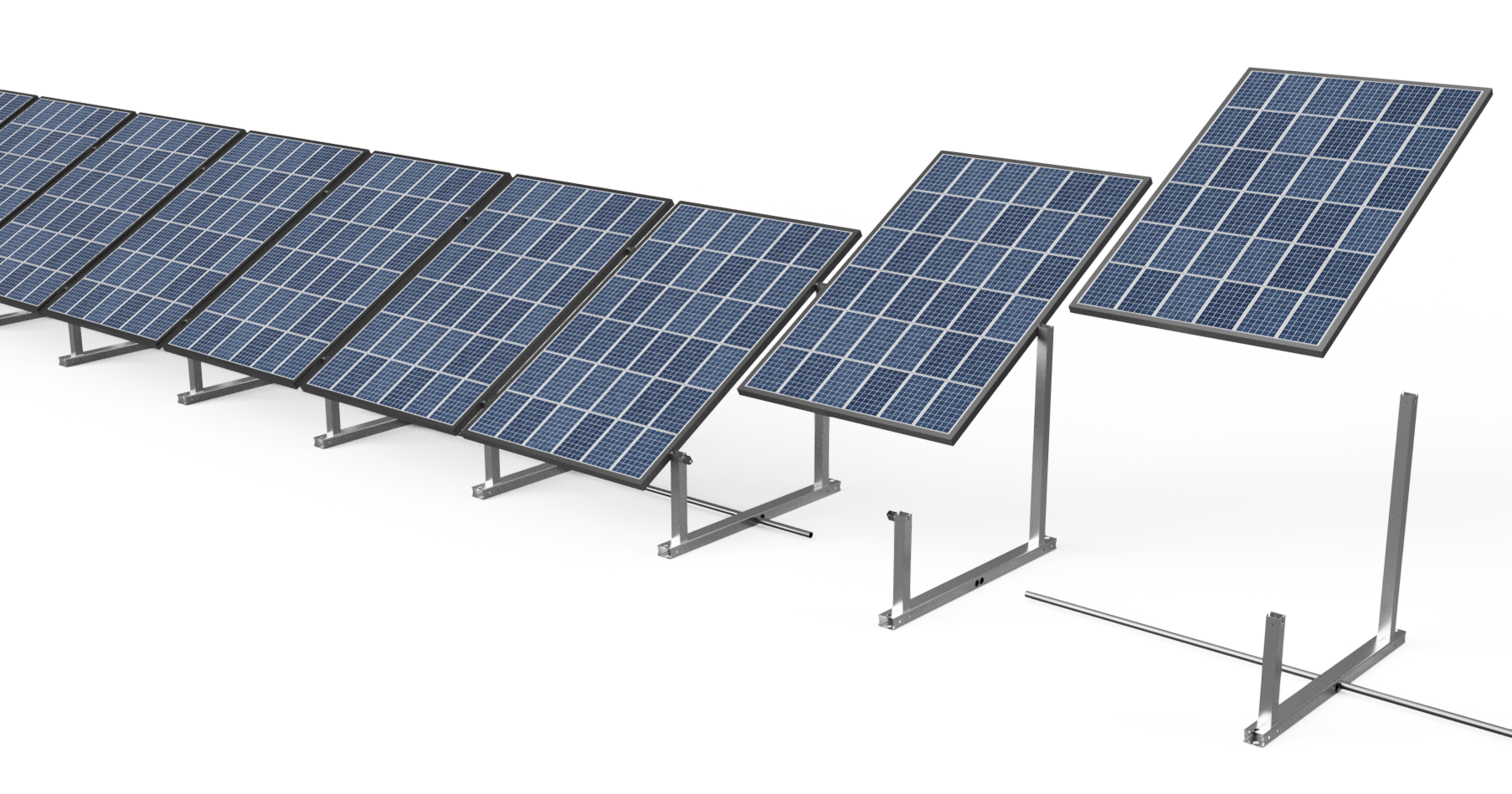 Assembly graphic of Portable Sun LLC IntegraRack IR-30 solar panel ground mount system components on white background.