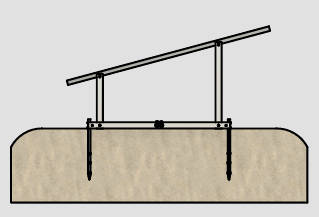 Rendering of Portable Sun LLC IntegraRack IR-30 solar panel ground mount system with anchor spike in 30-degree angle, made of aircraft-grade aluminum.