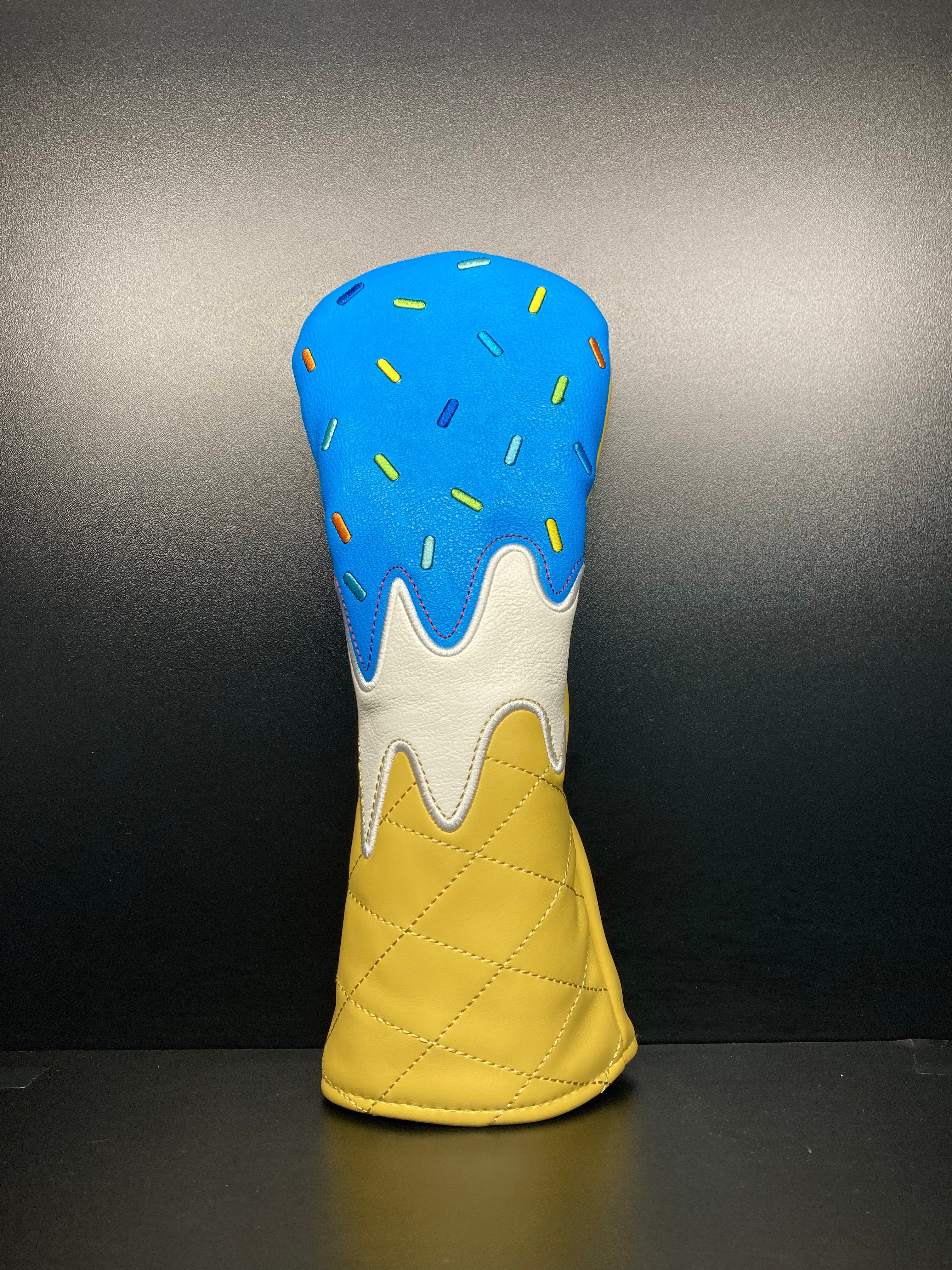 ParWestGolf ice cream cone golf club headcover with colorful design, soft fabric exterior, and playful style for protecting golf clubs.