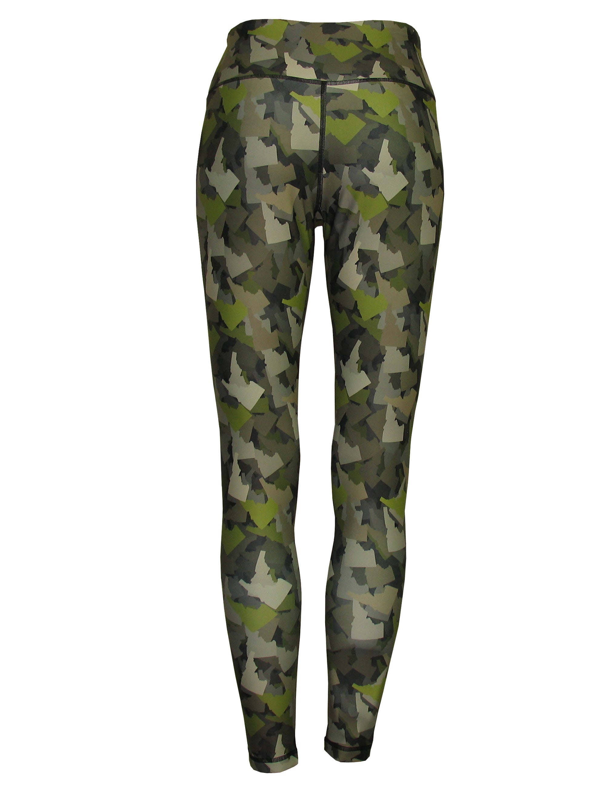 Back view of Idaho camo print all sport leggings by Cognito Brands, Inc., showcasing the camouflage pattern and fitted athletic design.