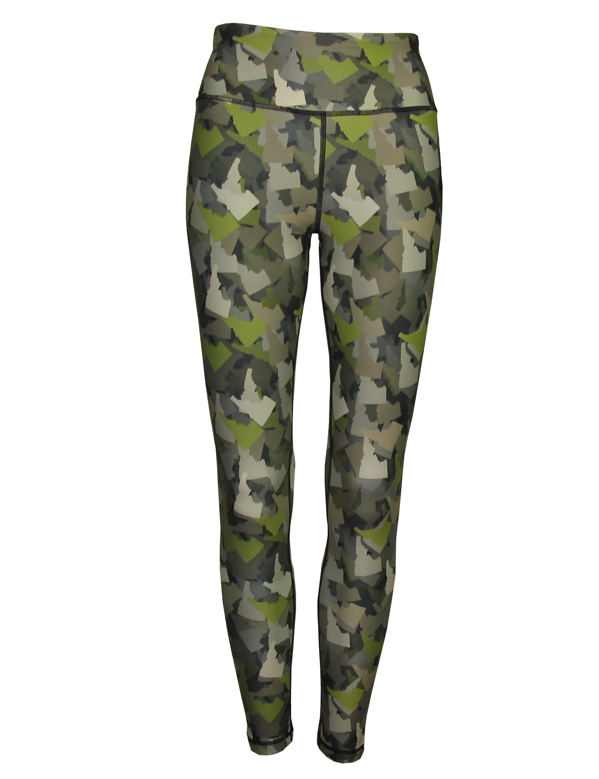 Front view of Idaho camo print all sport leggings by Cognito Brands, Inc., featuring a fitted athletic design with camouflage pattern.