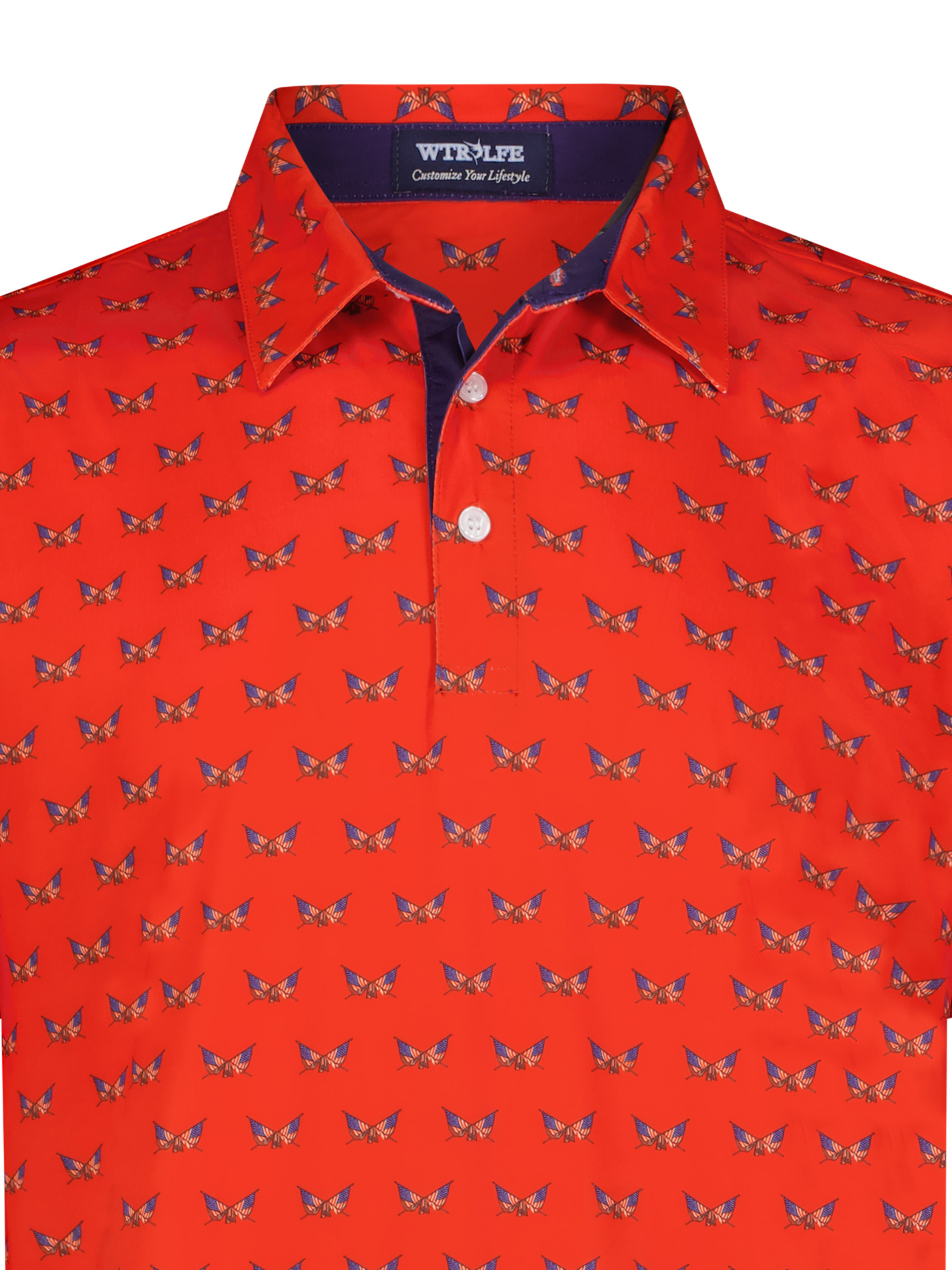 Close-up of Independence Polos by White Water Life, showcasing fabric texture and vibrant color details.