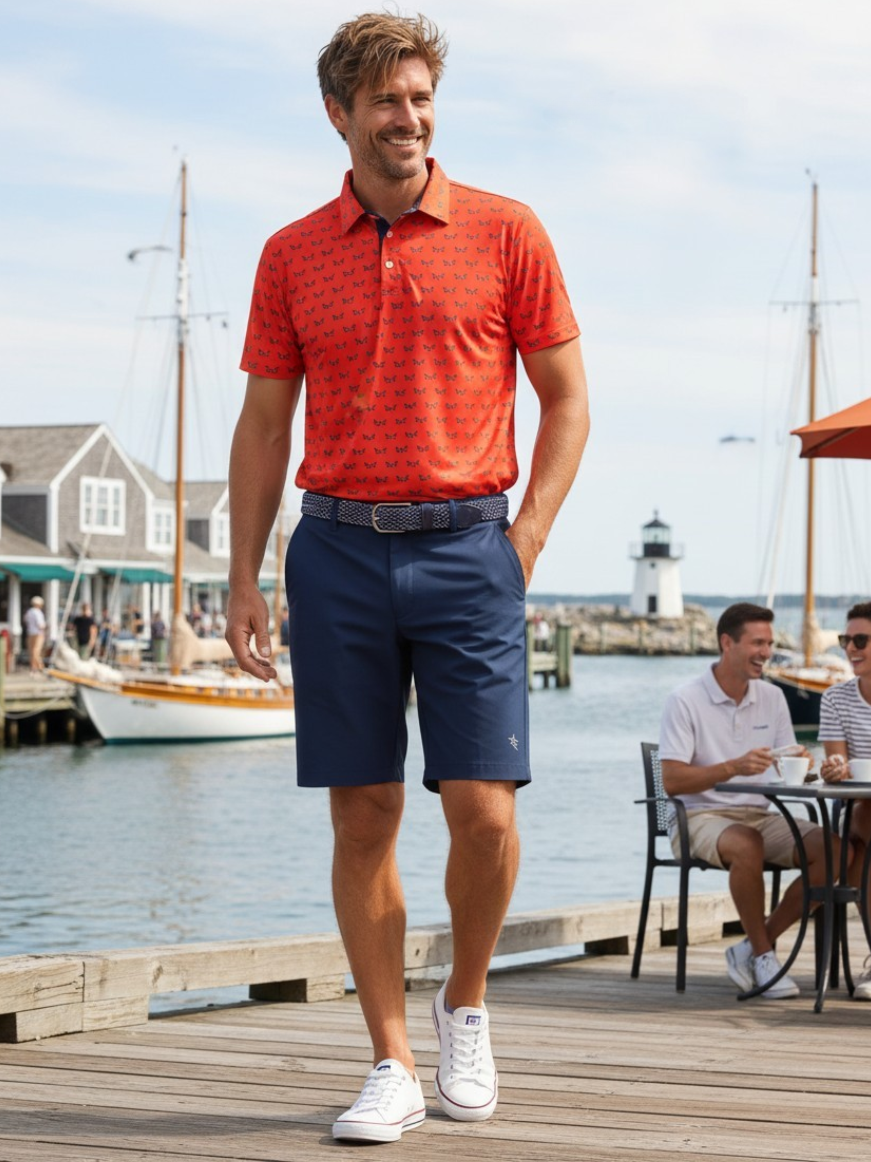 Navy Independence Polos by White Water Life displayed on a hanger, showcasing its short-sleeve design and fabric texture.