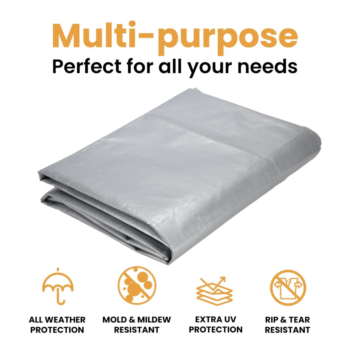 Infographic showing a 30’ x 50’ White Duck Outdoors heavy-duty 16 mil poly tarp with waterproof and durable features.
