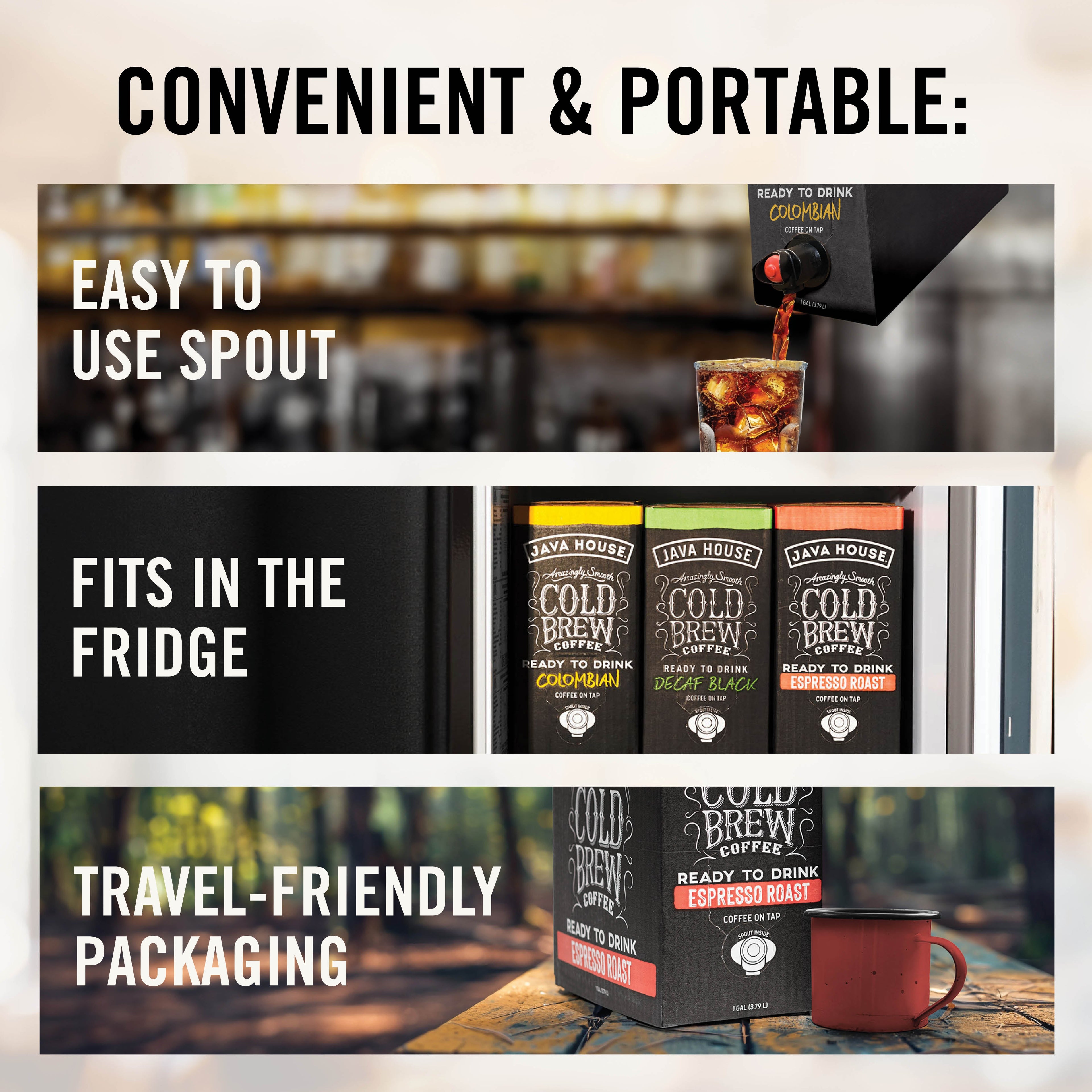 Infographic of Java House Cold Brew On Tap featuring Colombian coffee beans and brewing process details.