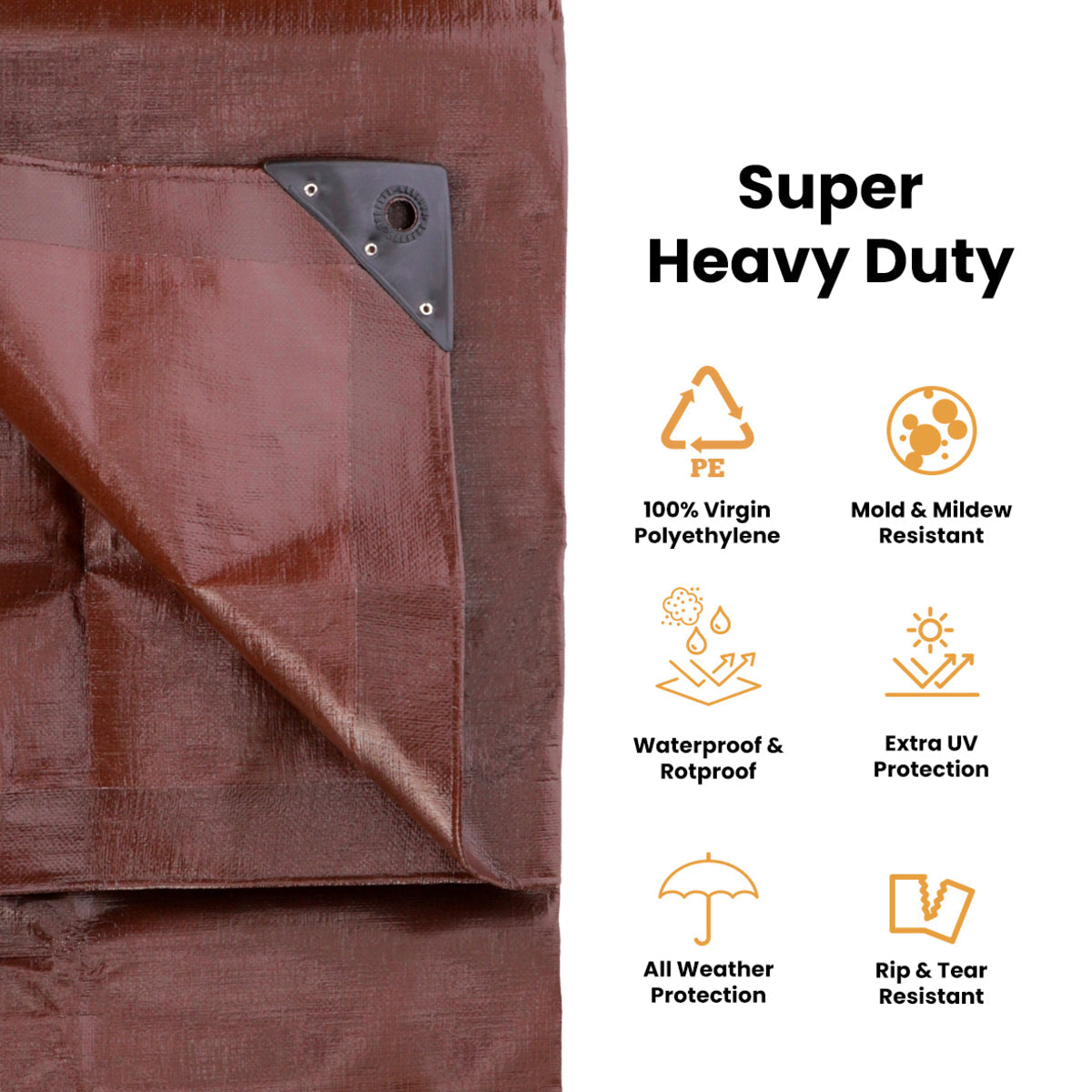 Infographic showing a 20x20 feet White Duck Outdoors heavy-duty 16 mil poly tarp with reinforced edges and waterproof material.