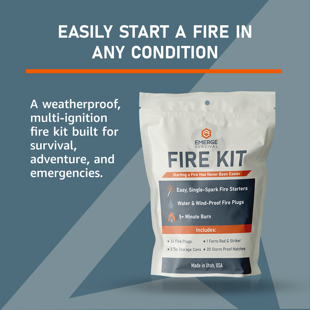 Emerge Survival Fire Kit showcasing essential fire-starting tools and materials in a compact, rugged design.