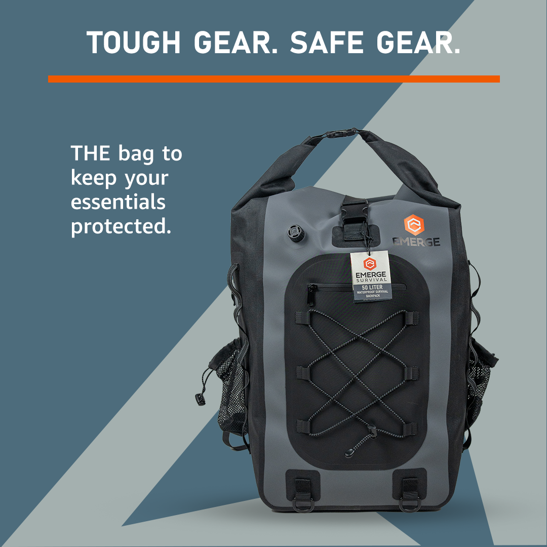 Emerge Survival 50L Dry Bag The Ghost in black, waterproof and durable for outdoor and camping gear storage.