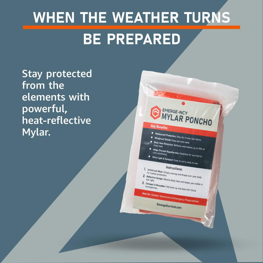 Emerge Survival Mylar Poncho reflecting light, lightweight emergency waterproof rain poncho for outdoor survival and weather protection.