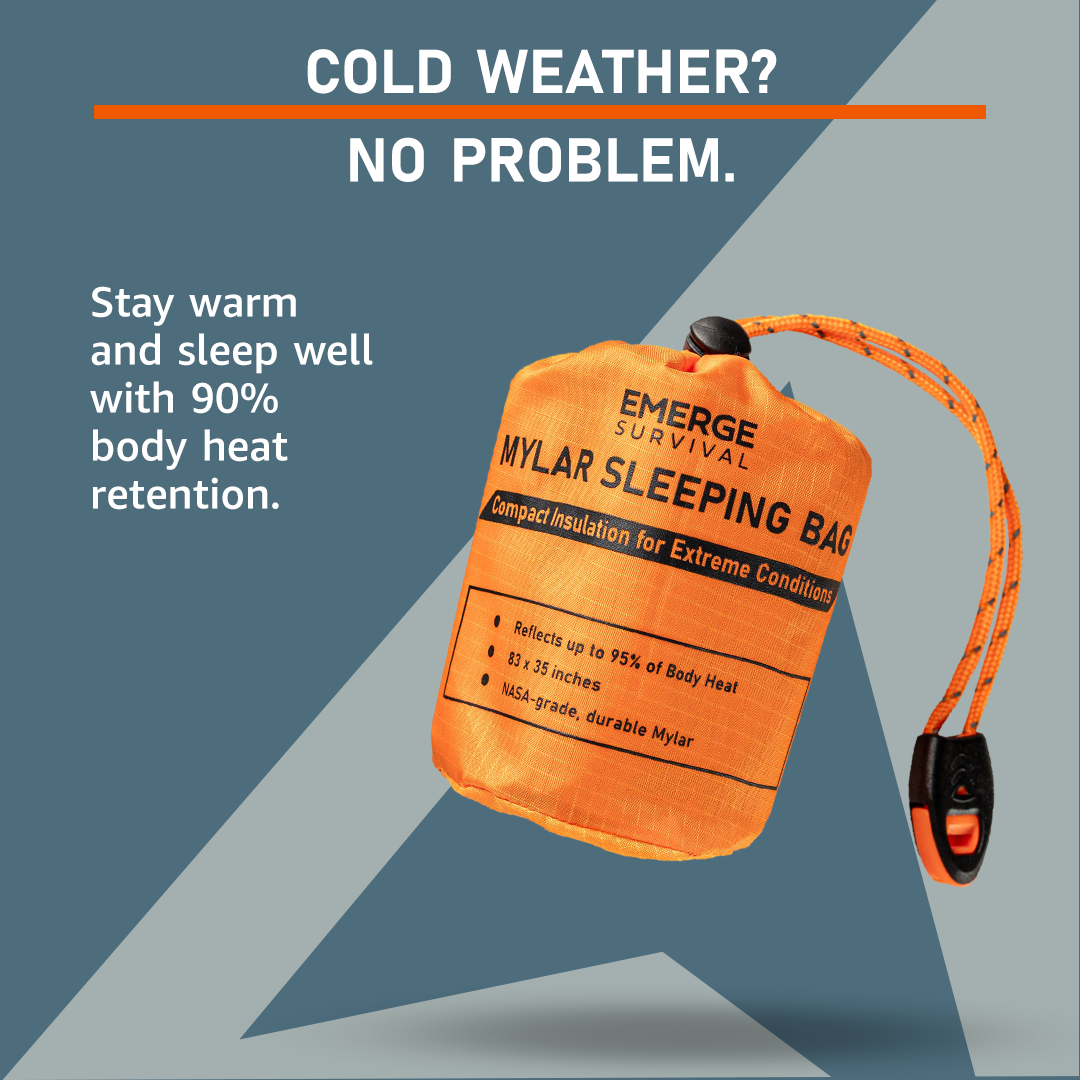 Emerge Survival emergency sleeping bag made of reflective Mylar material, compact and portable for survival or outdoor use.