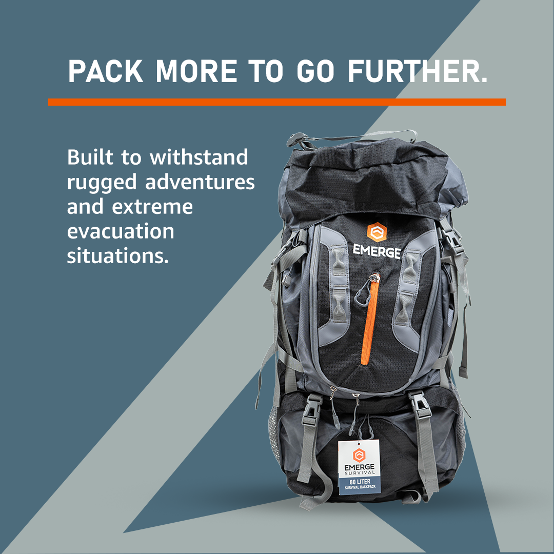 Emerge Survival 80L Ranger survival backpack with multiple compartments and durable nylon material for outdoor adventures.