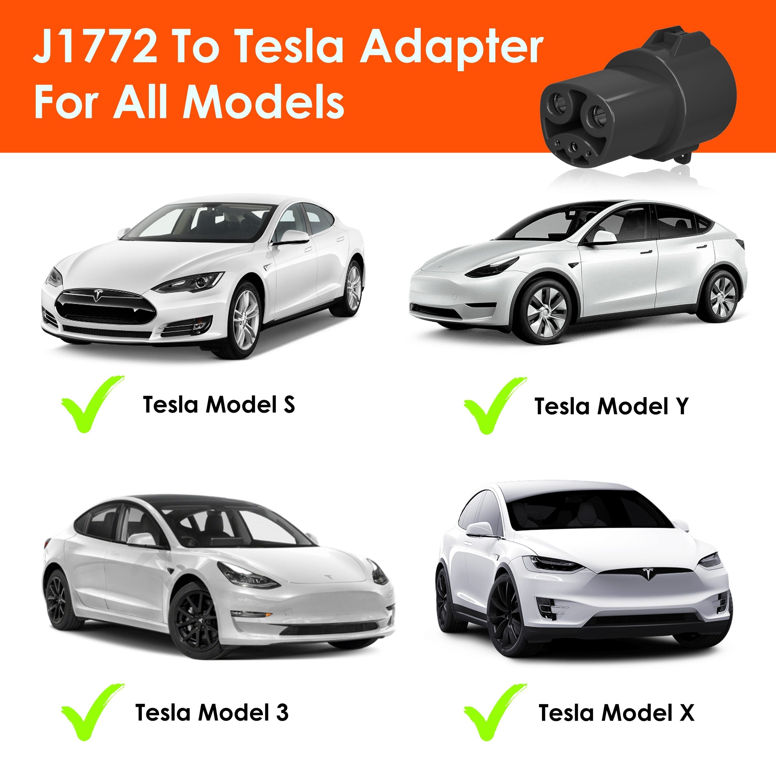 Rexing J1772 to Tesla EV charging adapter connected to a vehicle, showing the compact design and connector details.