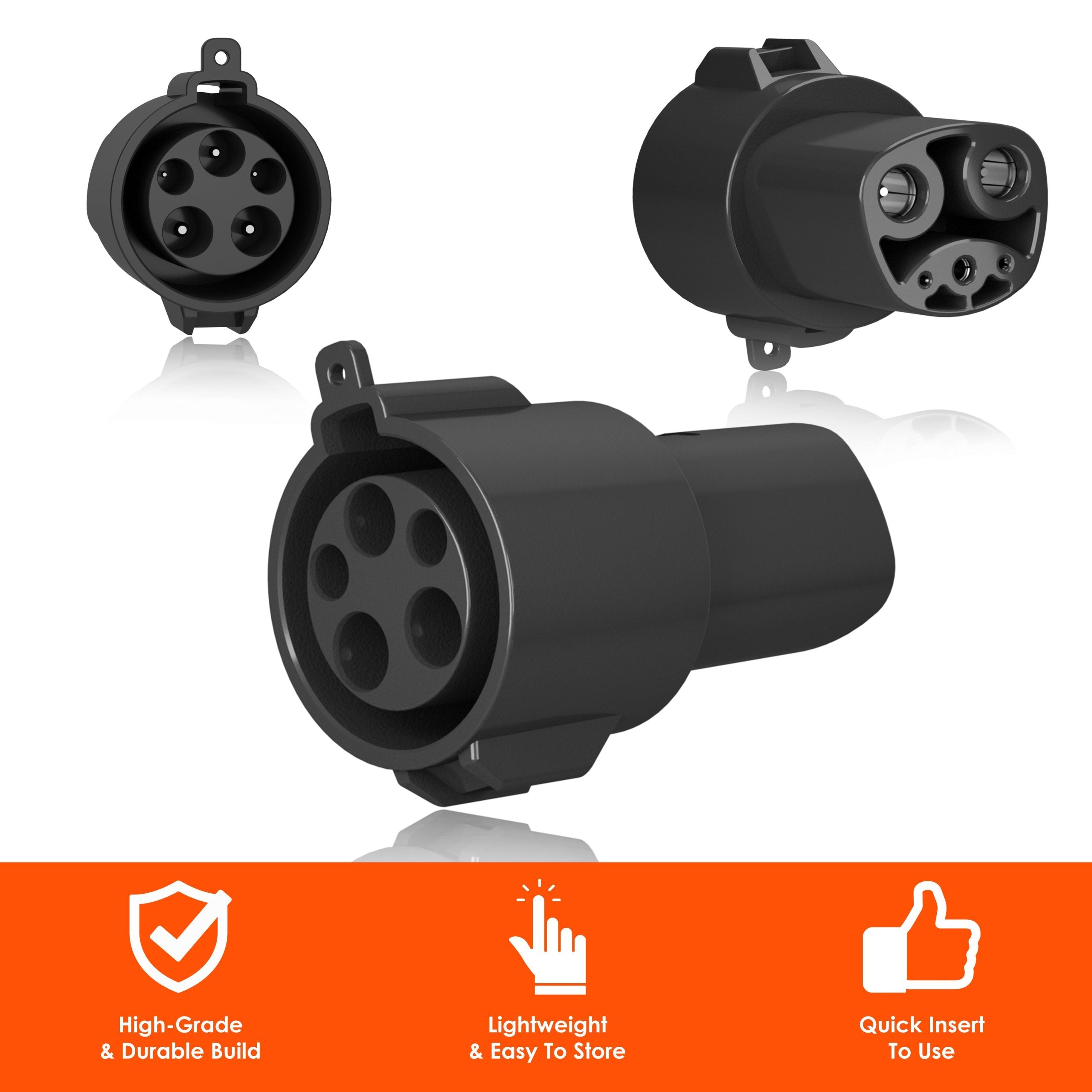Rexing J1772 to Tesla EV charging adapter connected to a Tesla charging port, showing the compact design and branding.
